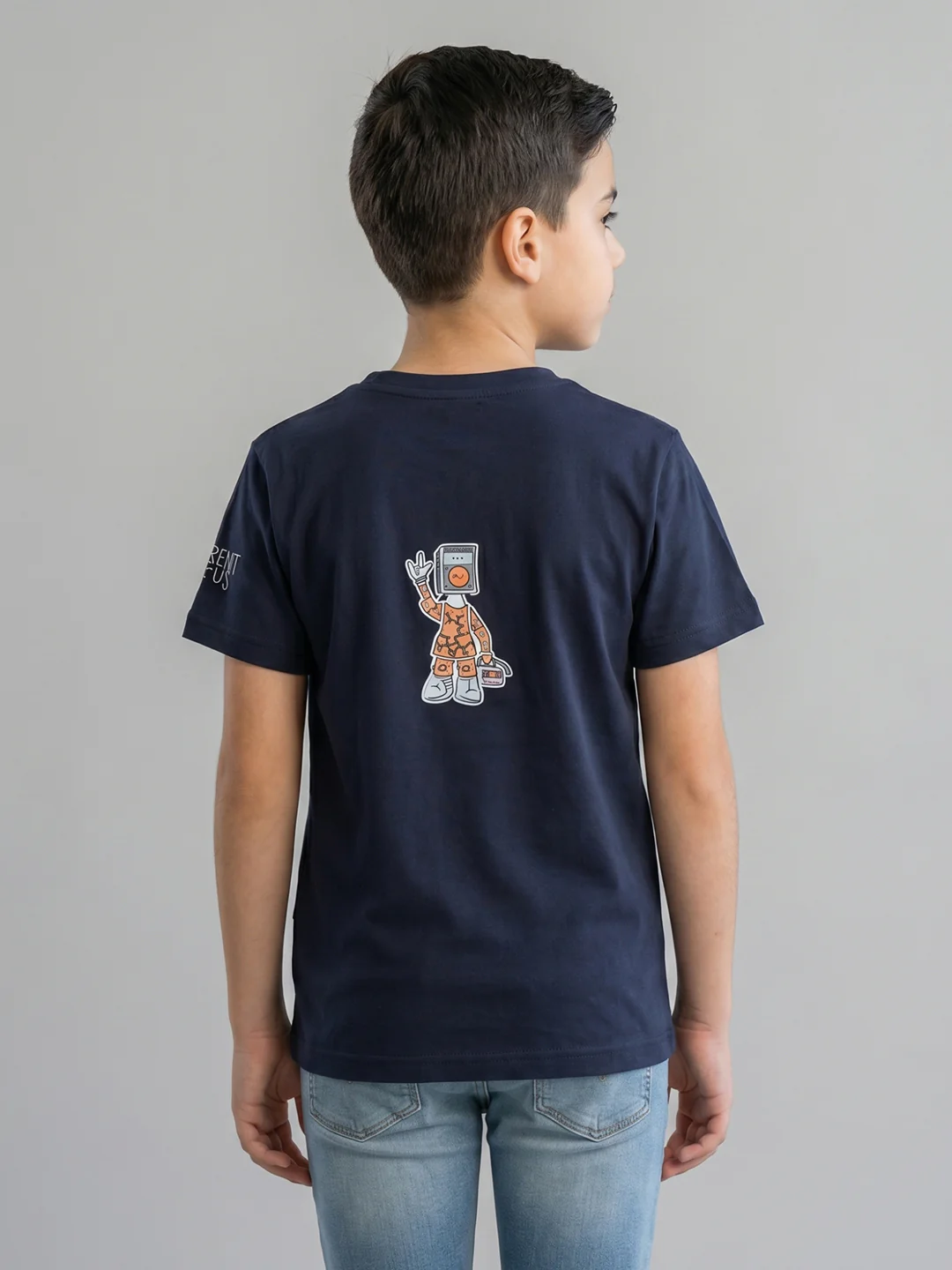 Boys Navy Blue Printed Round Neck Half Sleeve T-Shirt - Image 4