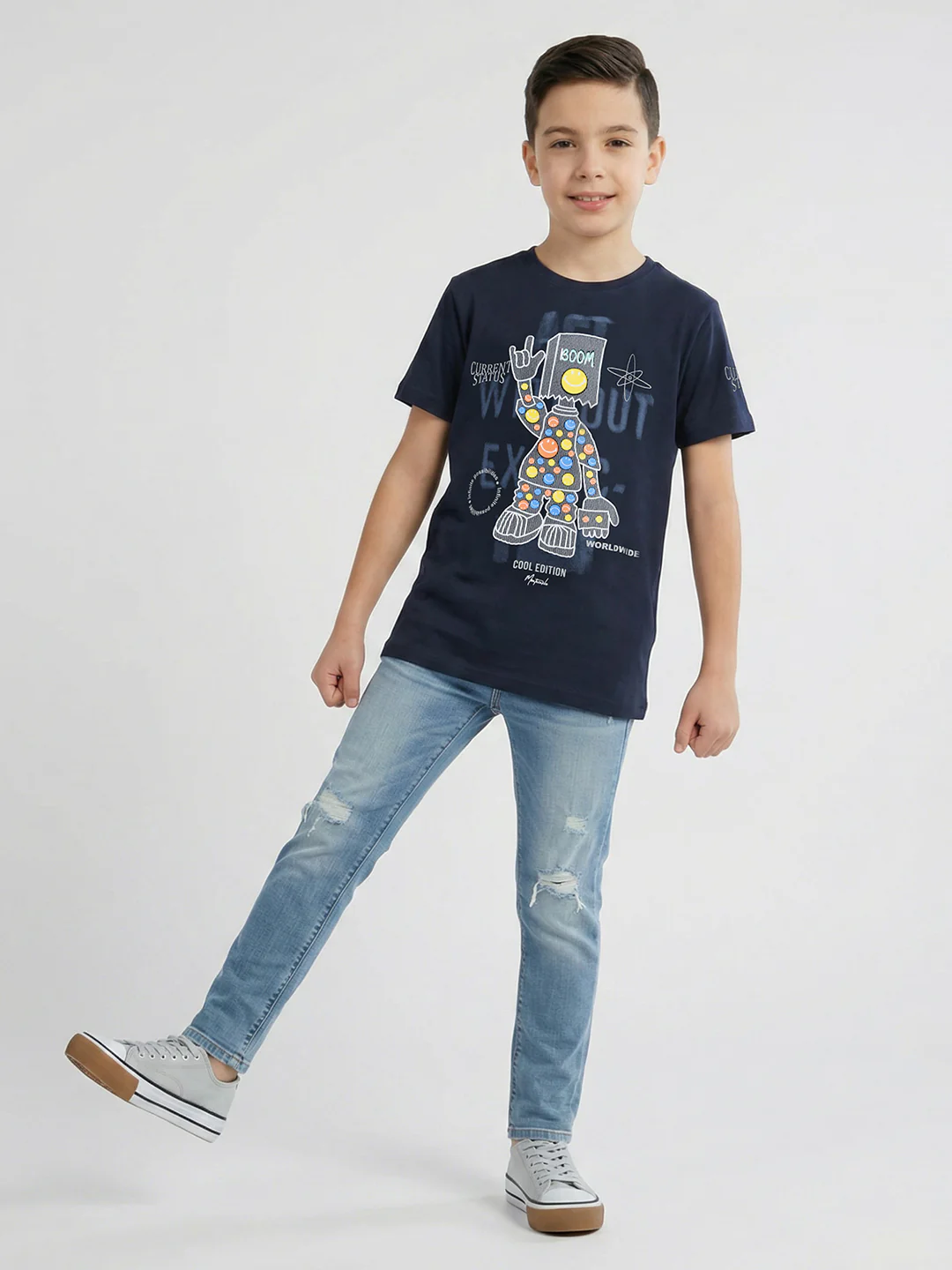 Boys Navy Blue Printed Round Neck Half Sleeve T-Shirt - Image 5
