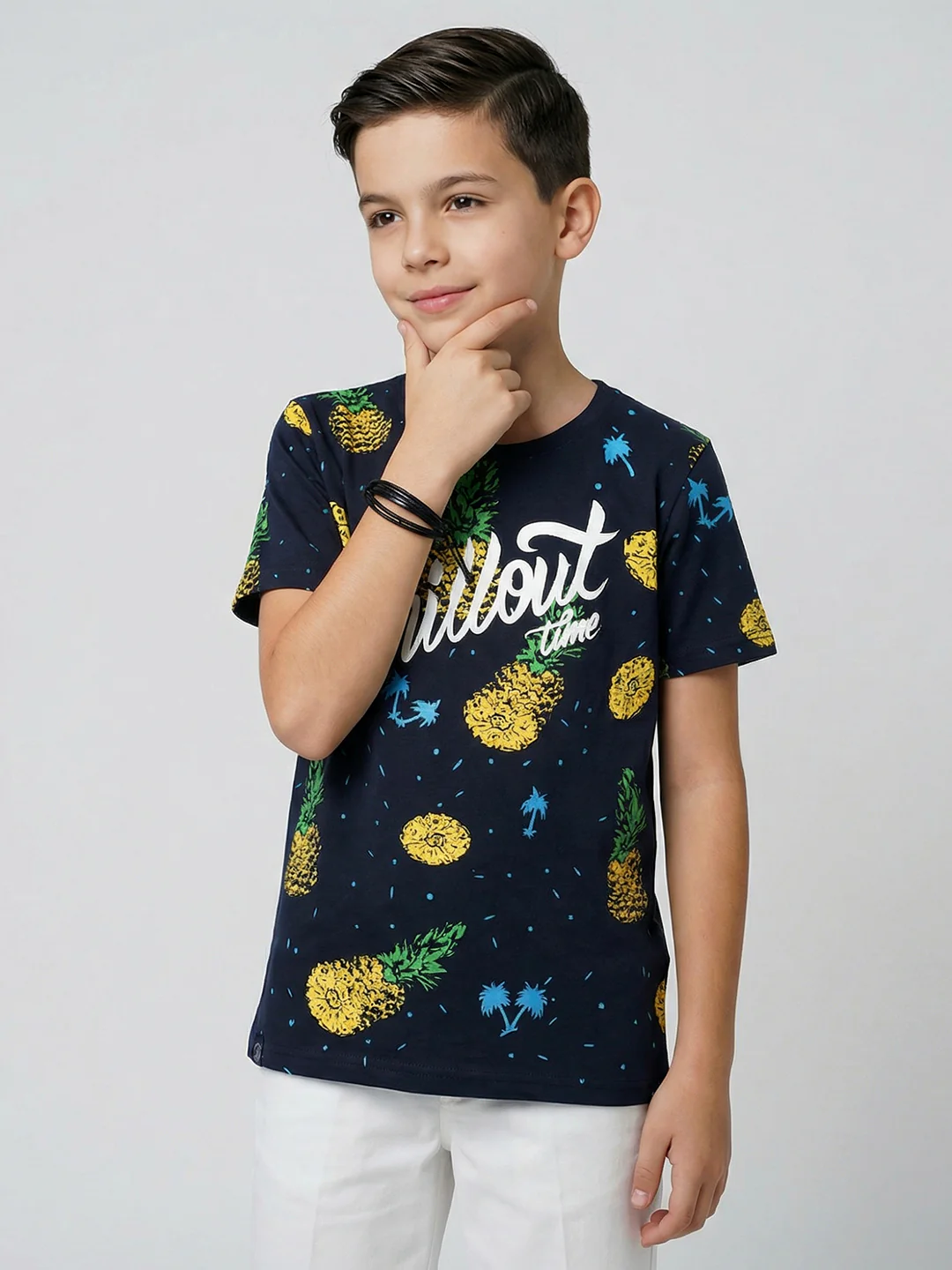 Boys Navy Blue Printed Round Neck Half Sleeve T-Shirt - Image 3