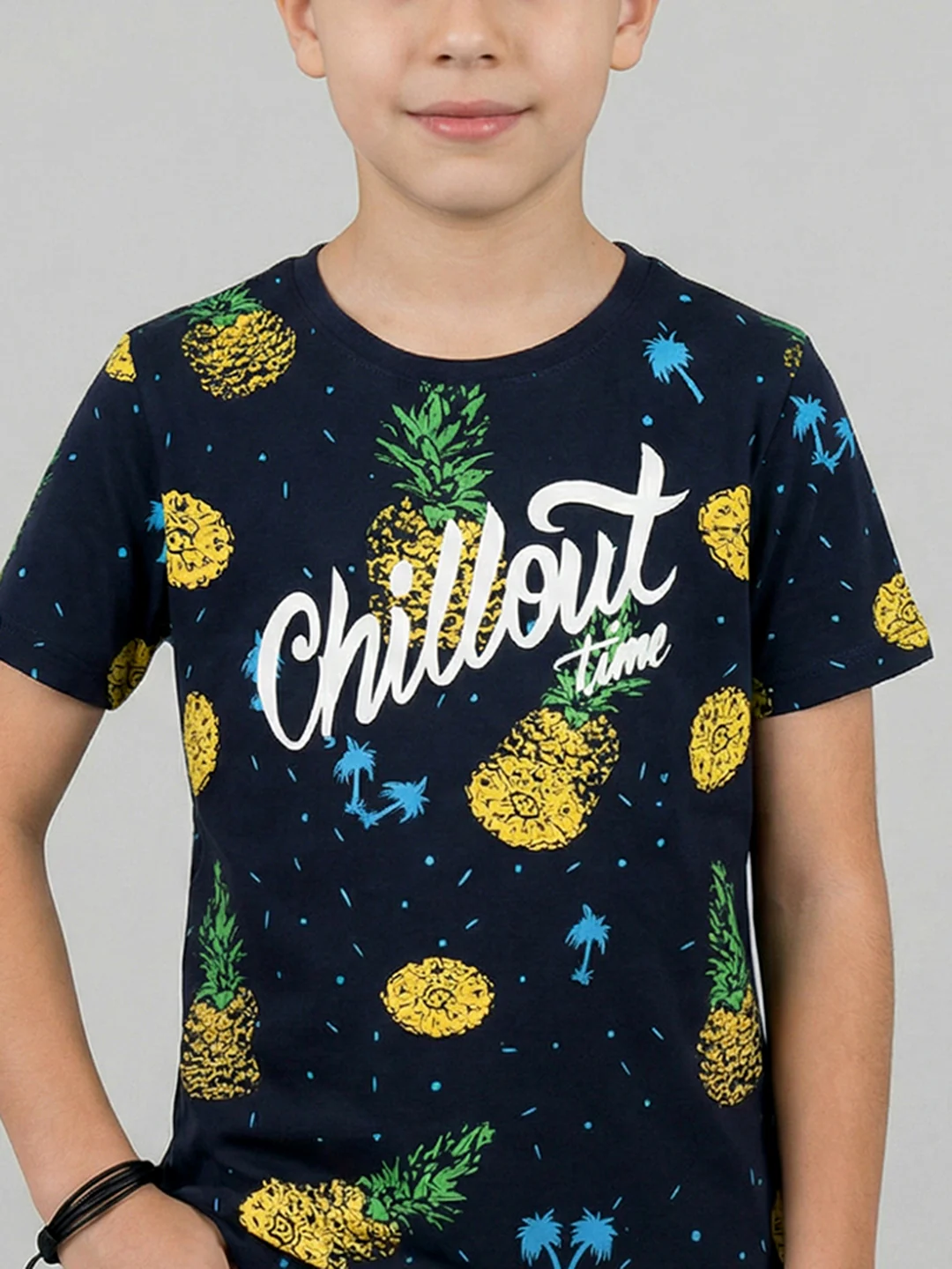 Boys Navy Blue Printed Round Neck Half Sleeve T-Shirt - Image 5