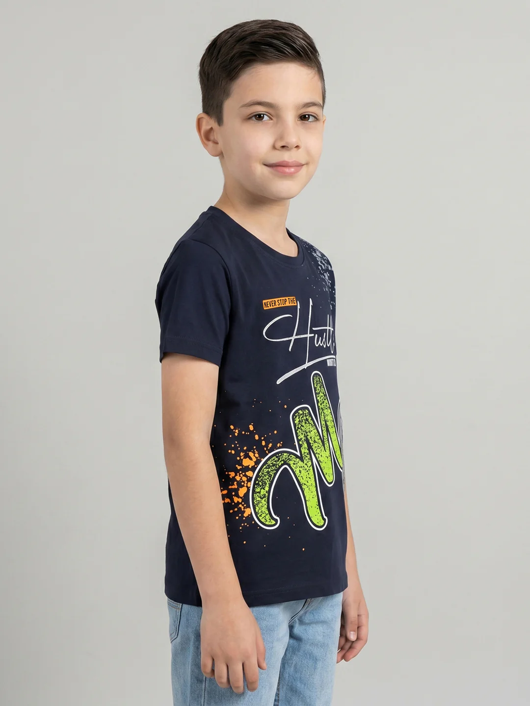 Boys Navy Blue Printed Round Neck Half Sleeve T-Shirt - Image 2