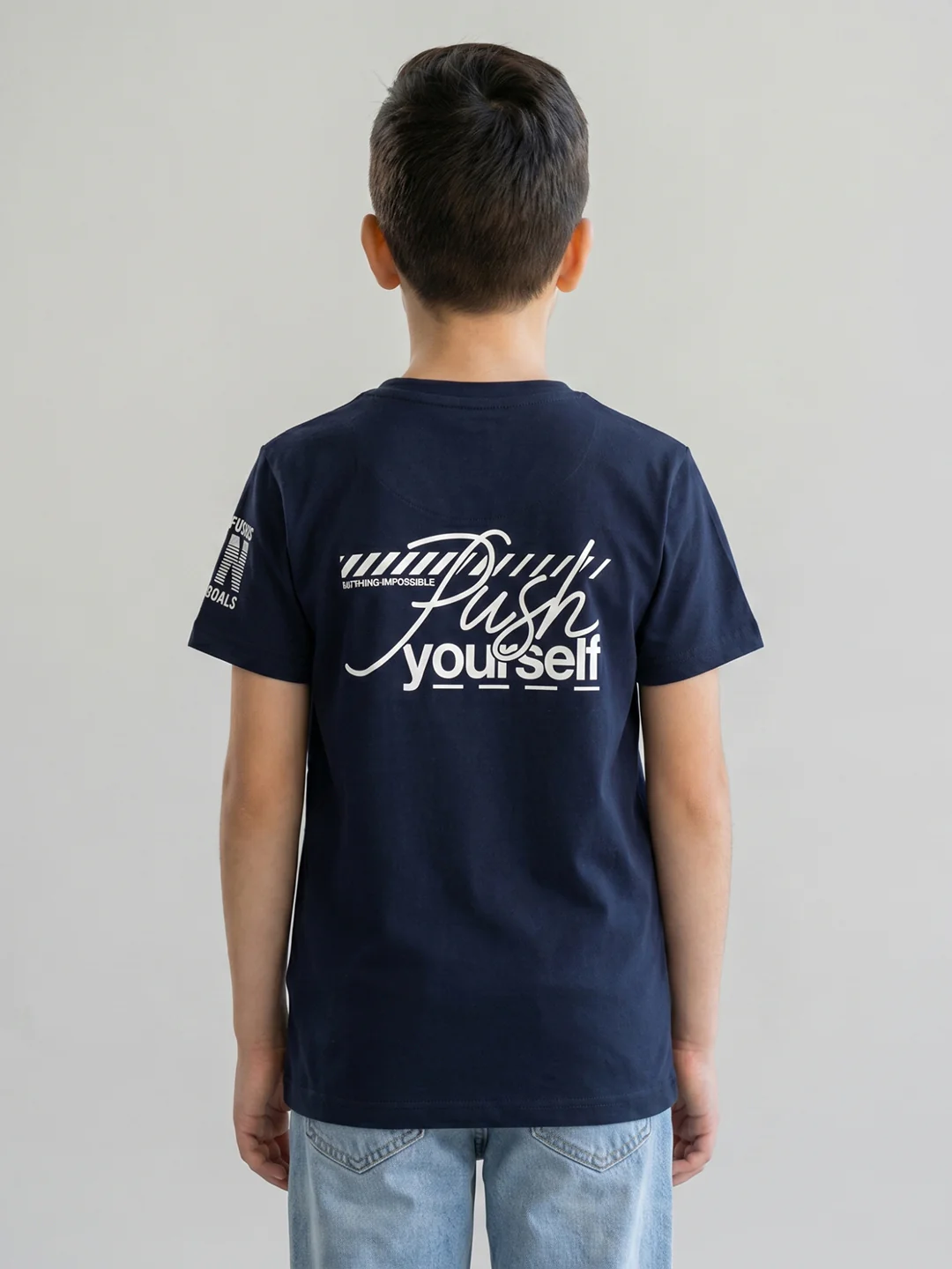 Boys Navy Blue Printed Round Neck Half Sleeve T-Shirt - Image 4