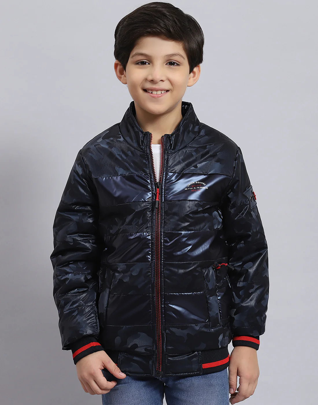 Boys Navy Blue Printed Stand Collar Full Sleeve Boys Jacket - Image 2