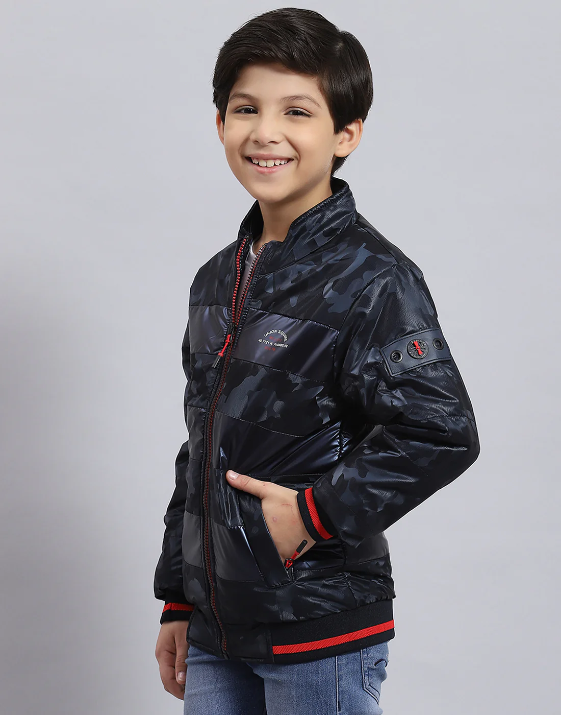 Boys Navy Blue Printed Stand Collar Full Sleeve Boys Jacket - Image 3
