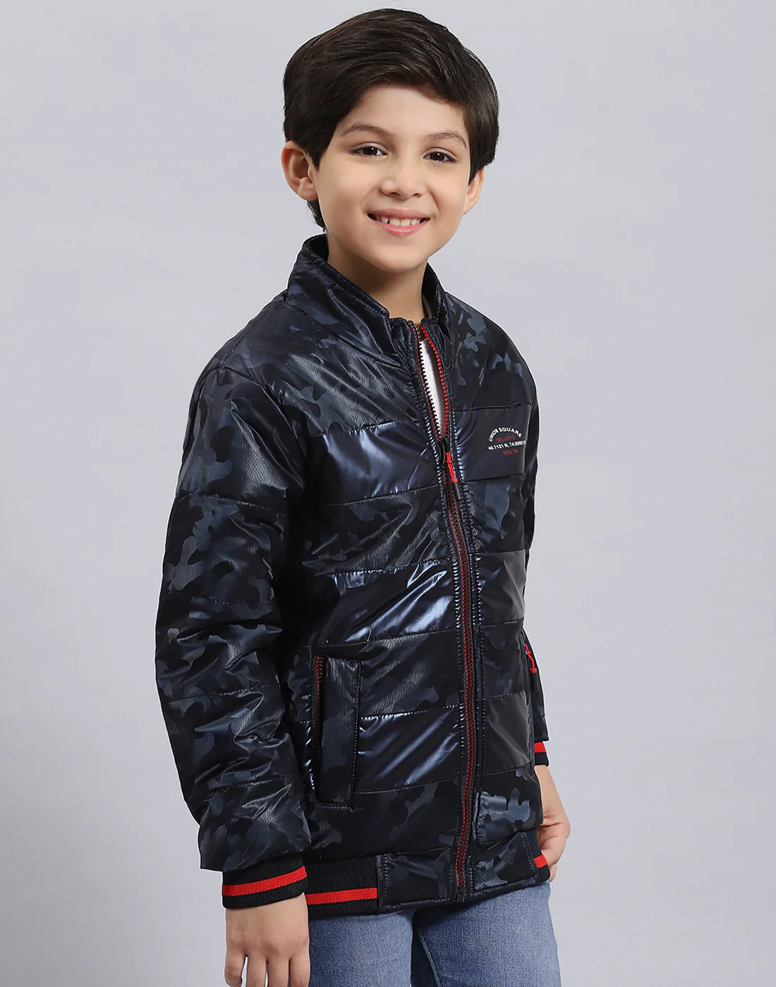 Boys Navy Blue Printed Stand Collar Full Sleeve Boys Jacket - Image 4