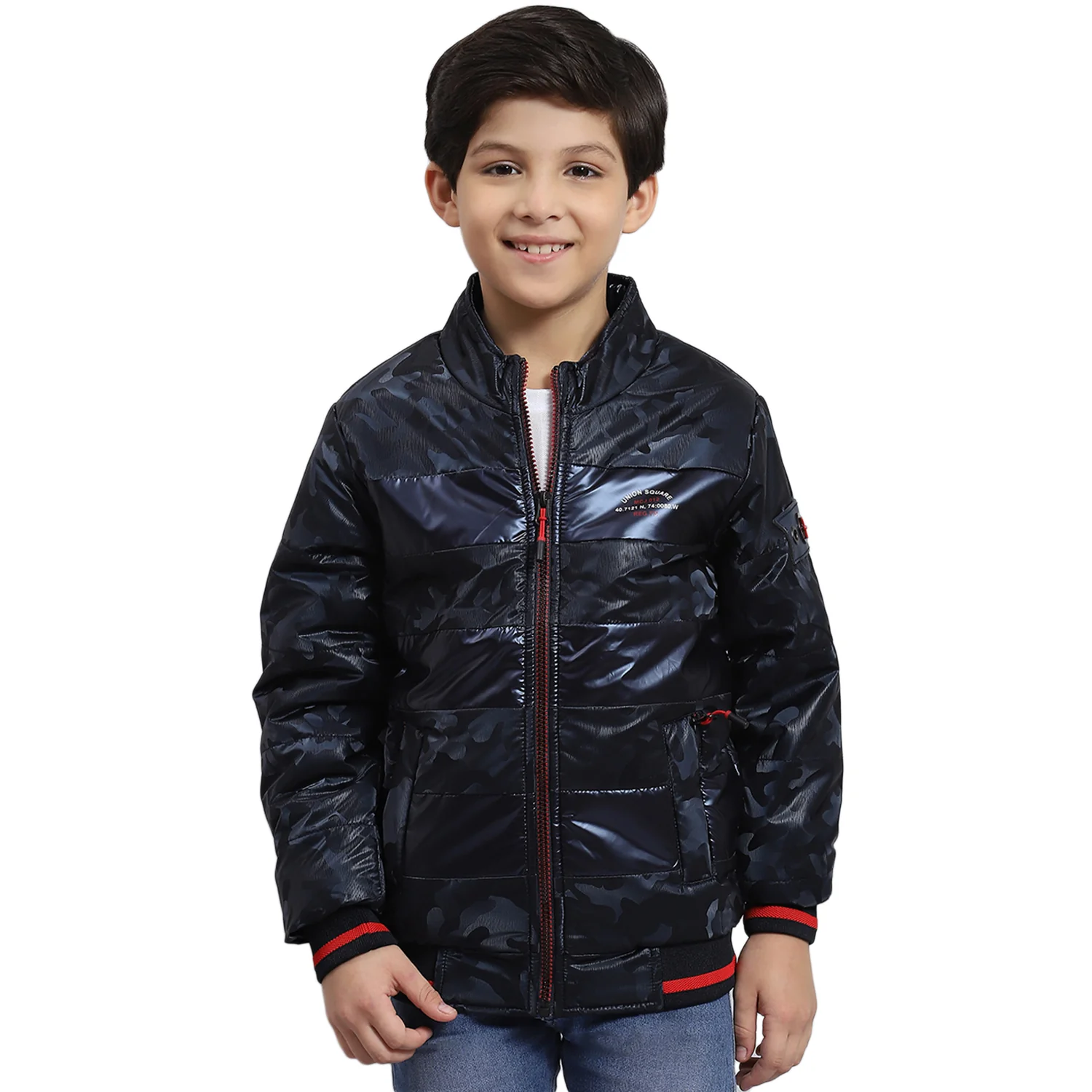 Boys Navy Blue Printed Stand Collar Full Sleeve Boys Jacket - Image 5