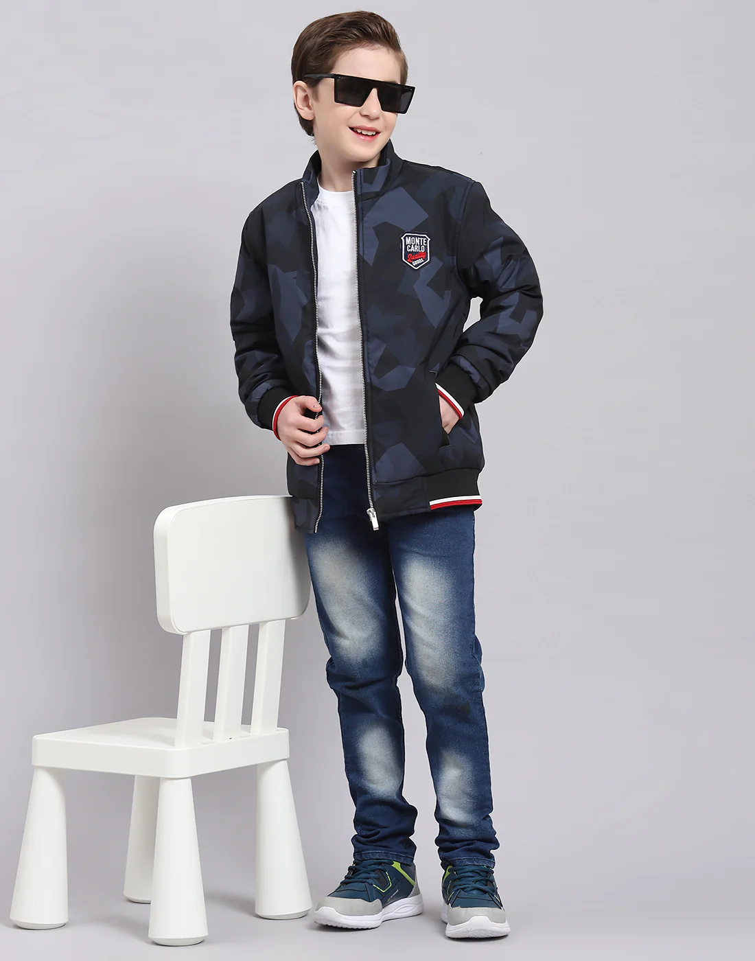 Boys Navy Blue Printed Stand Collar Full Sleeve Boys Jacket - Image 2