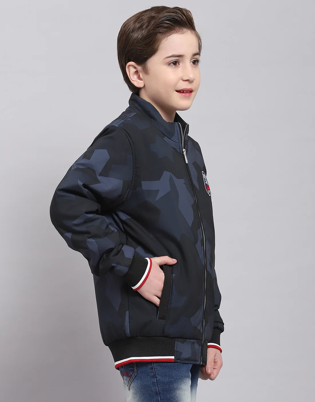 Boys Navy Blue Printed Stand Collar Full Sleeve Boys Jacket - Image 4