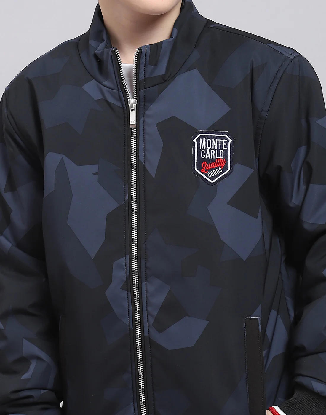 Boys Navy Blue Printed Stand Collar Full Sleeve Boys Jacket - Image 6