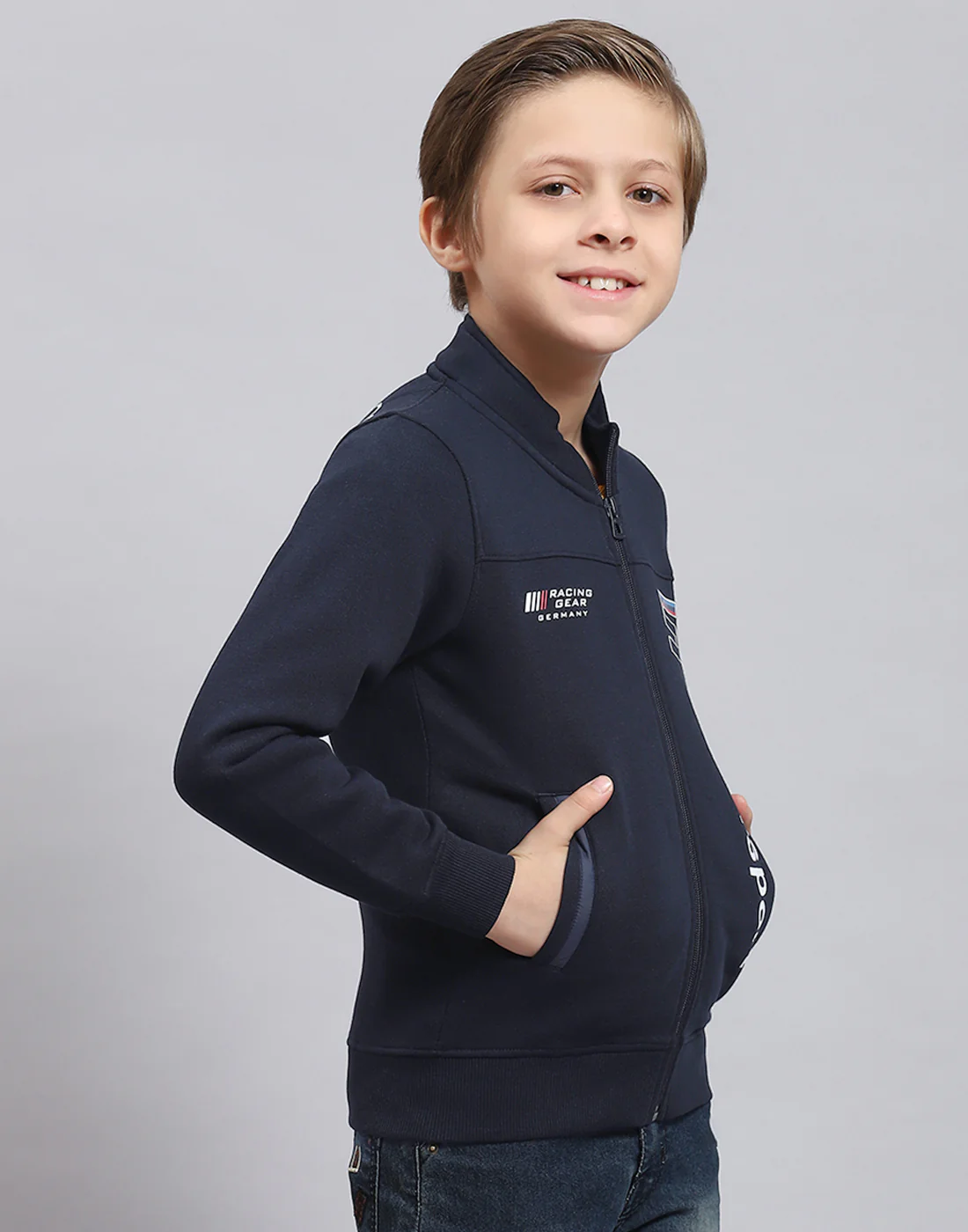 Boys Navy Blue Printed Stand Collar Full Sleeve Sweatshirt - Image 4