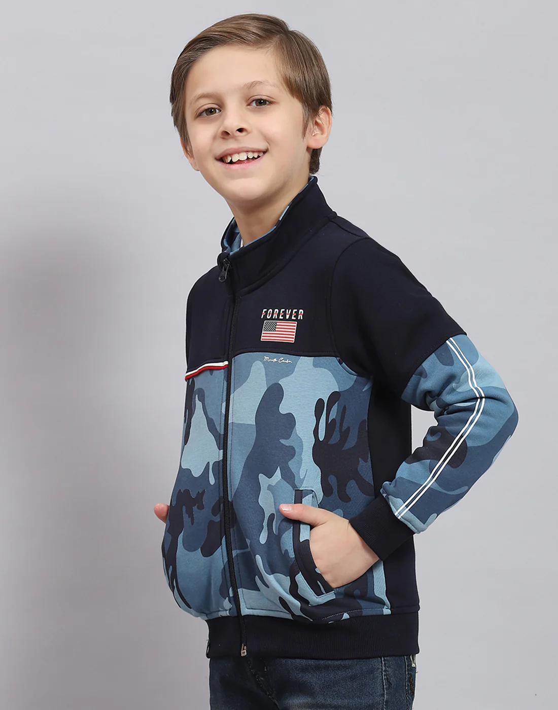 Boys Navy Blue Printed Stand Collar Full Sleeve Sweatshirt - Image 3