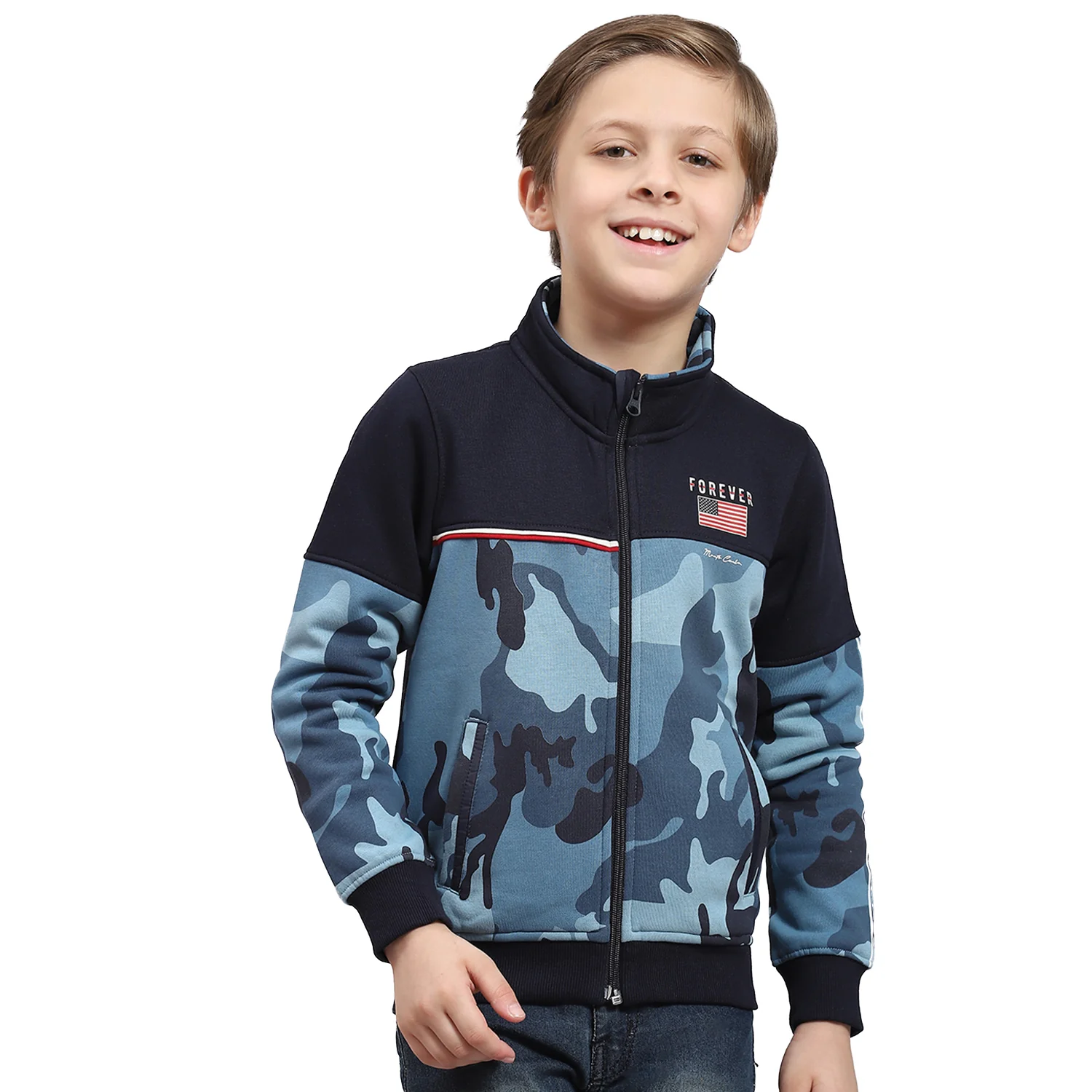 Boys Navy Blue Printed Stand Collar Full Sleeve Sweatshirt - Image 5