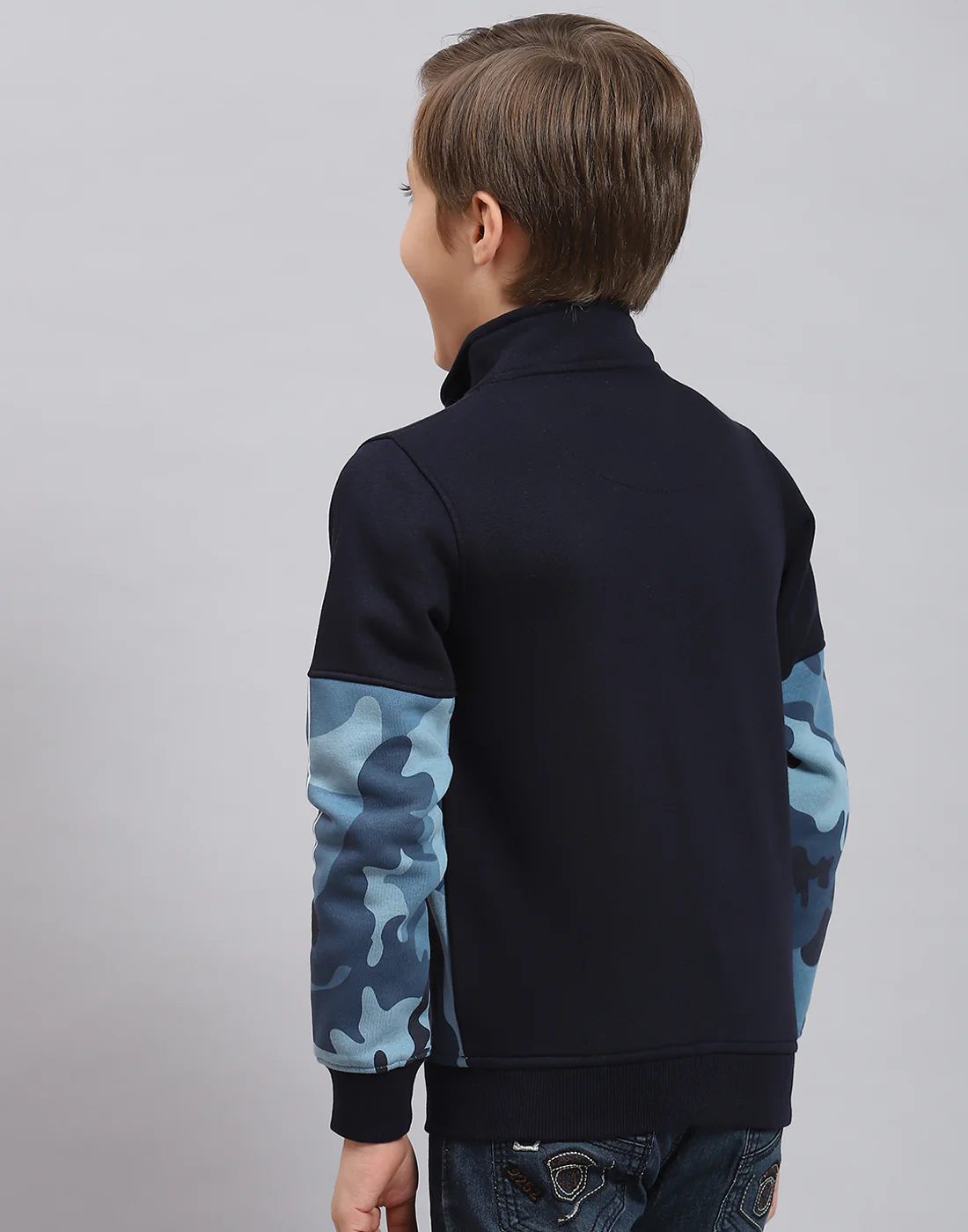 Boys Navy Blue Printed Stand Collar Full Sleeve Sweatshirt - Image 6