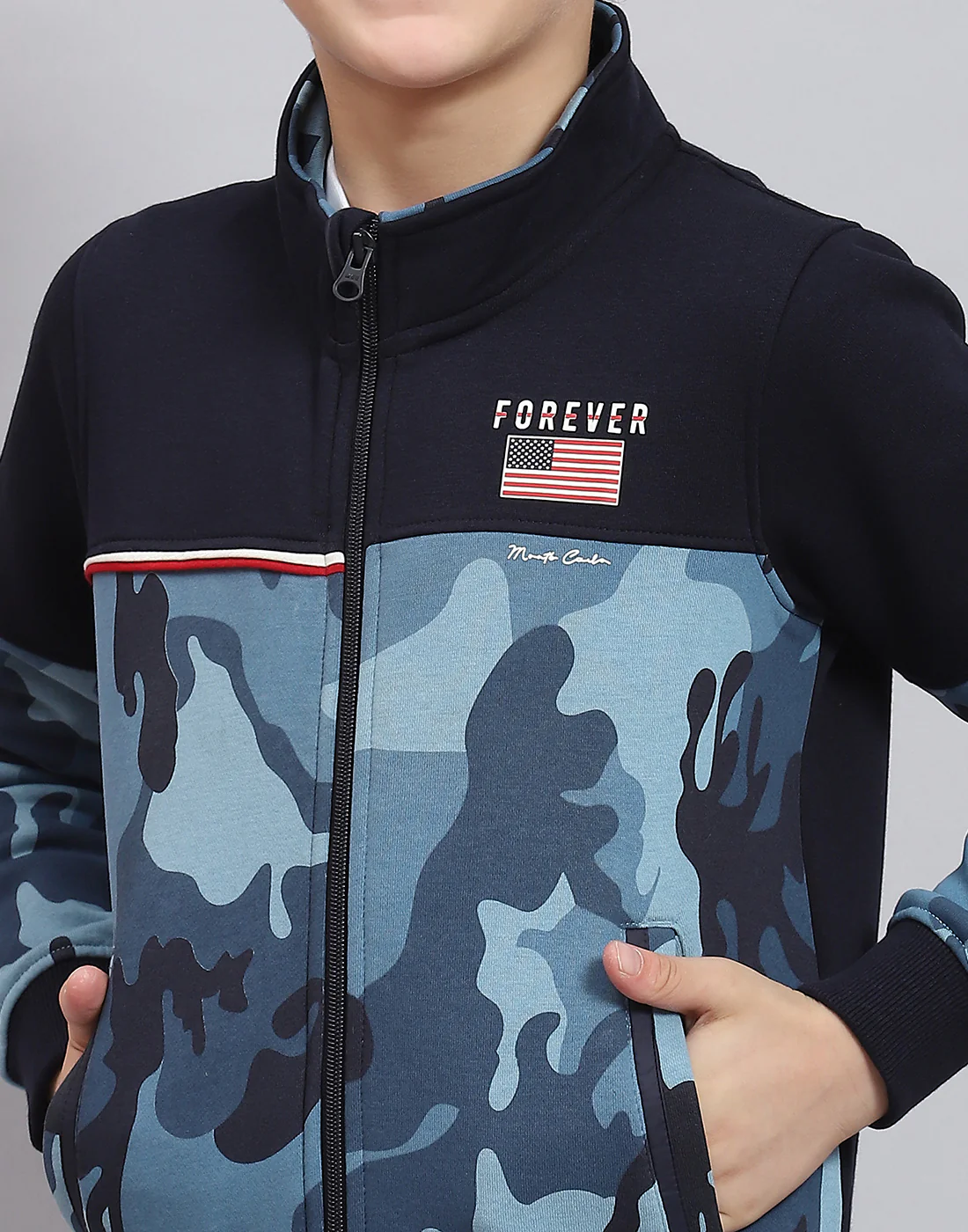 Boys Navy Blue Printed Stand Collar Full Sleeve Sweatshirt - Image 7
