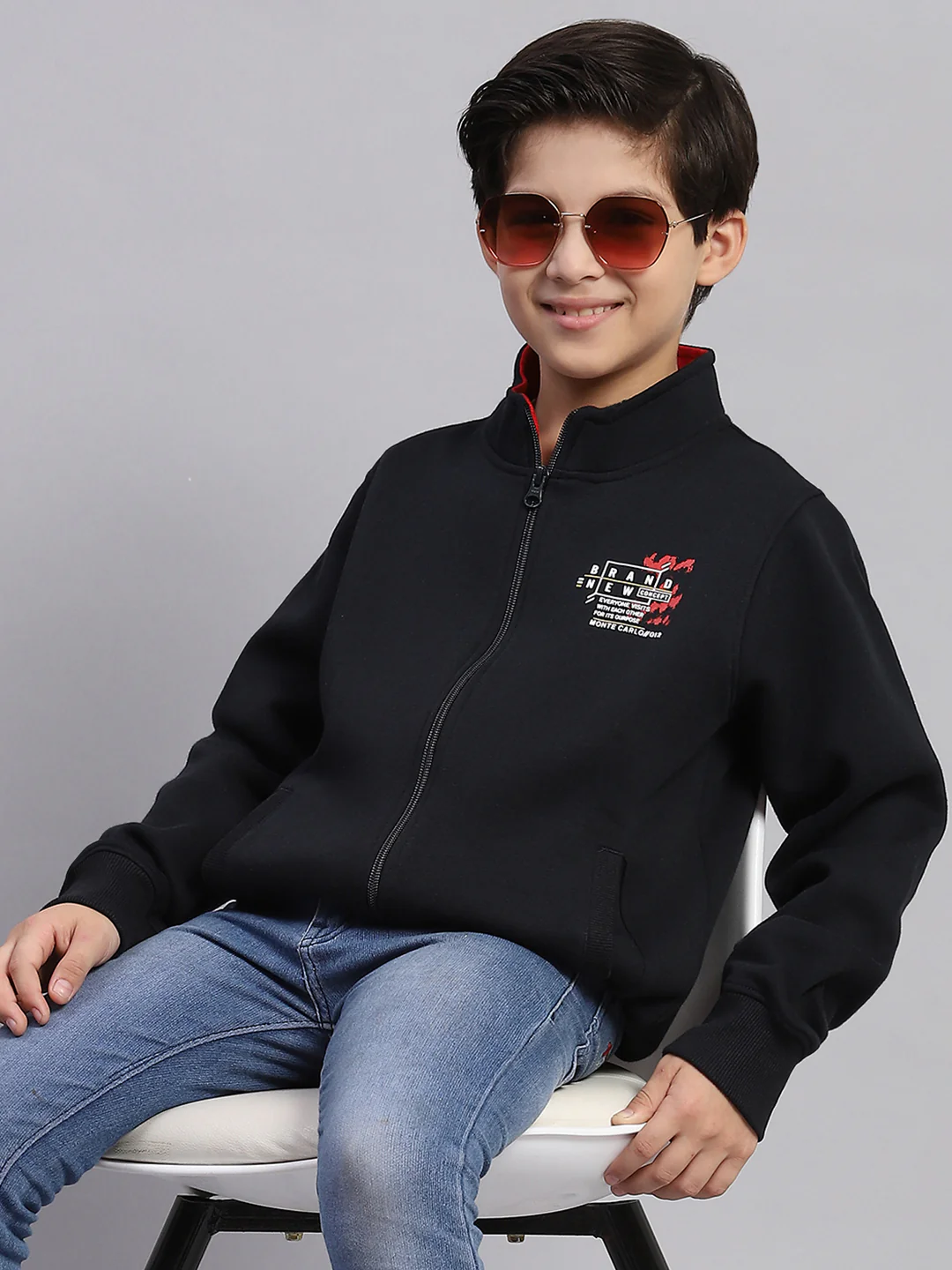 Boys Navy Blue Printed Stand Collar Full Sleeve Sweatshirt - Image 2