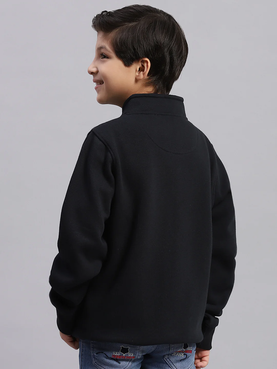 Boys Navy Blue Printed Stand Collar Full Sleeve Sweatshirt - Image 5