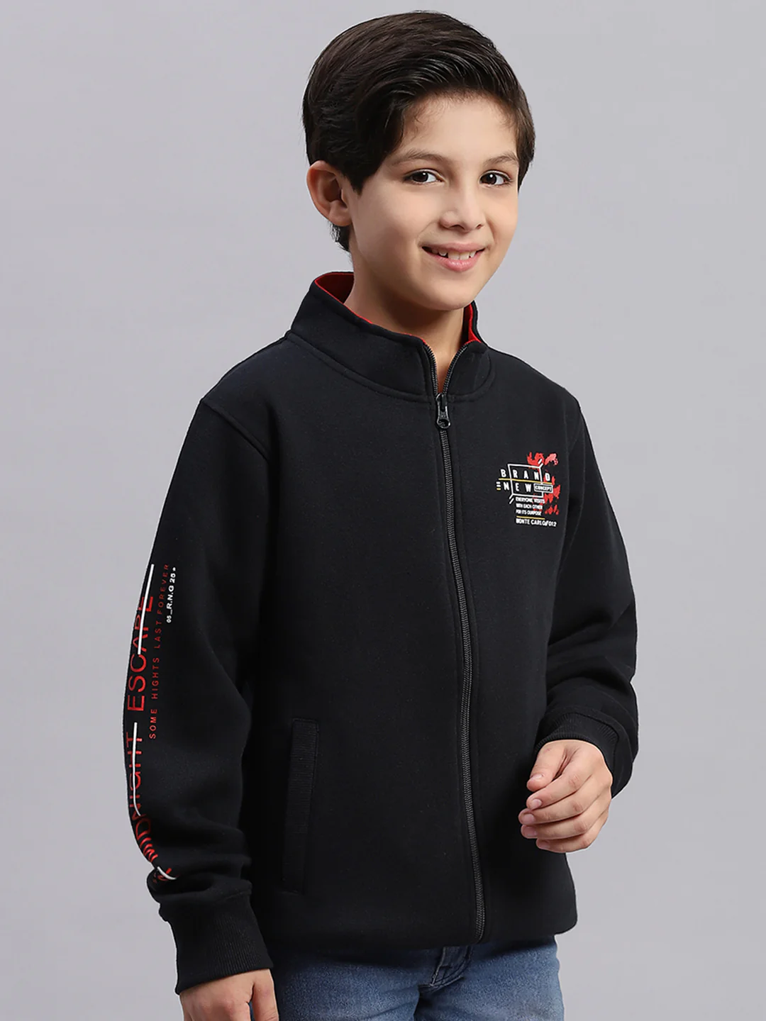 Boys Navy Blue Printed Stand Collar Full Sleeve Sweatshirt - Image 6