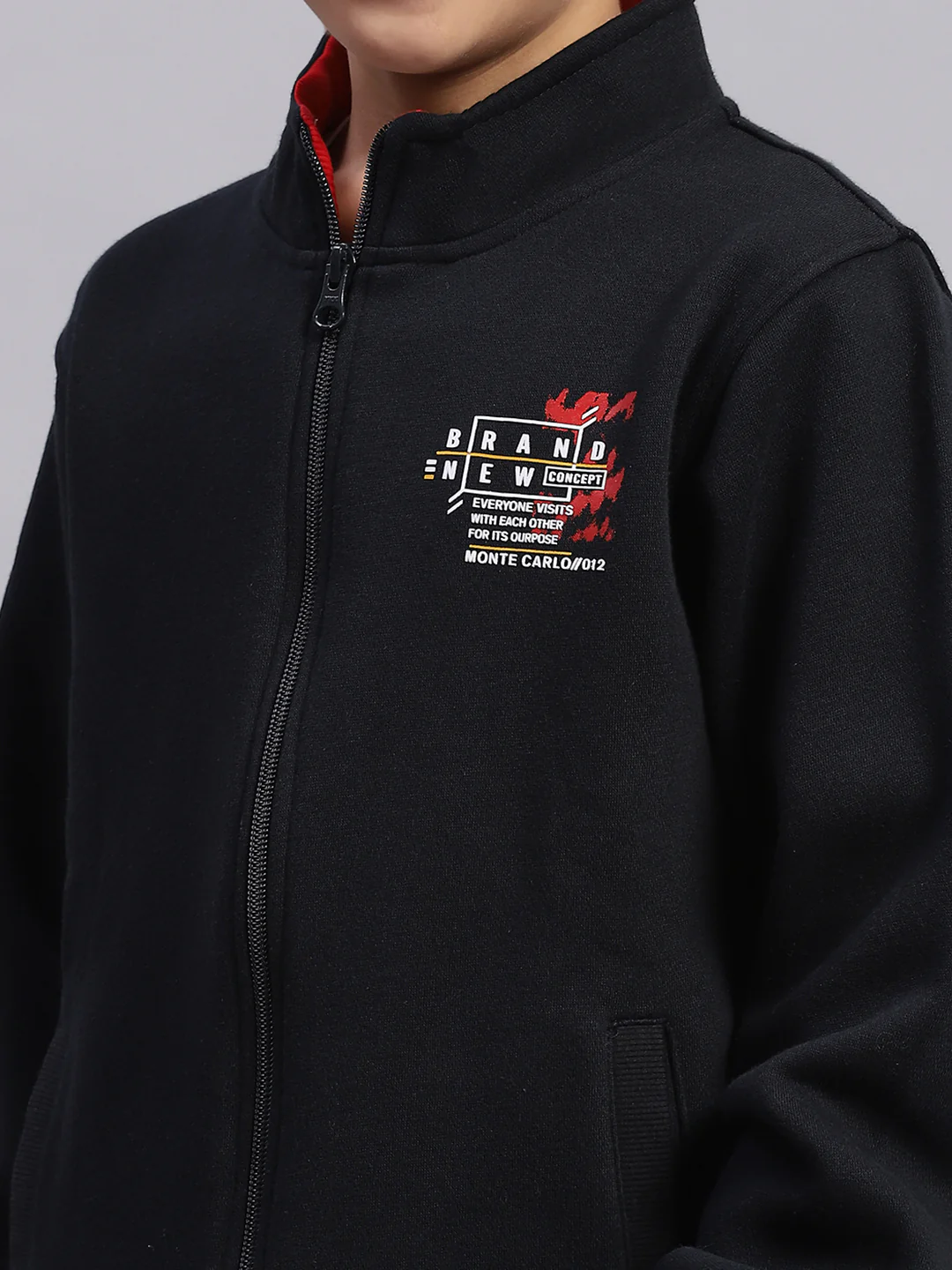 Boys Navy Blue Printed Stand Collar Full Sleeve Sweatshirt - Image 7