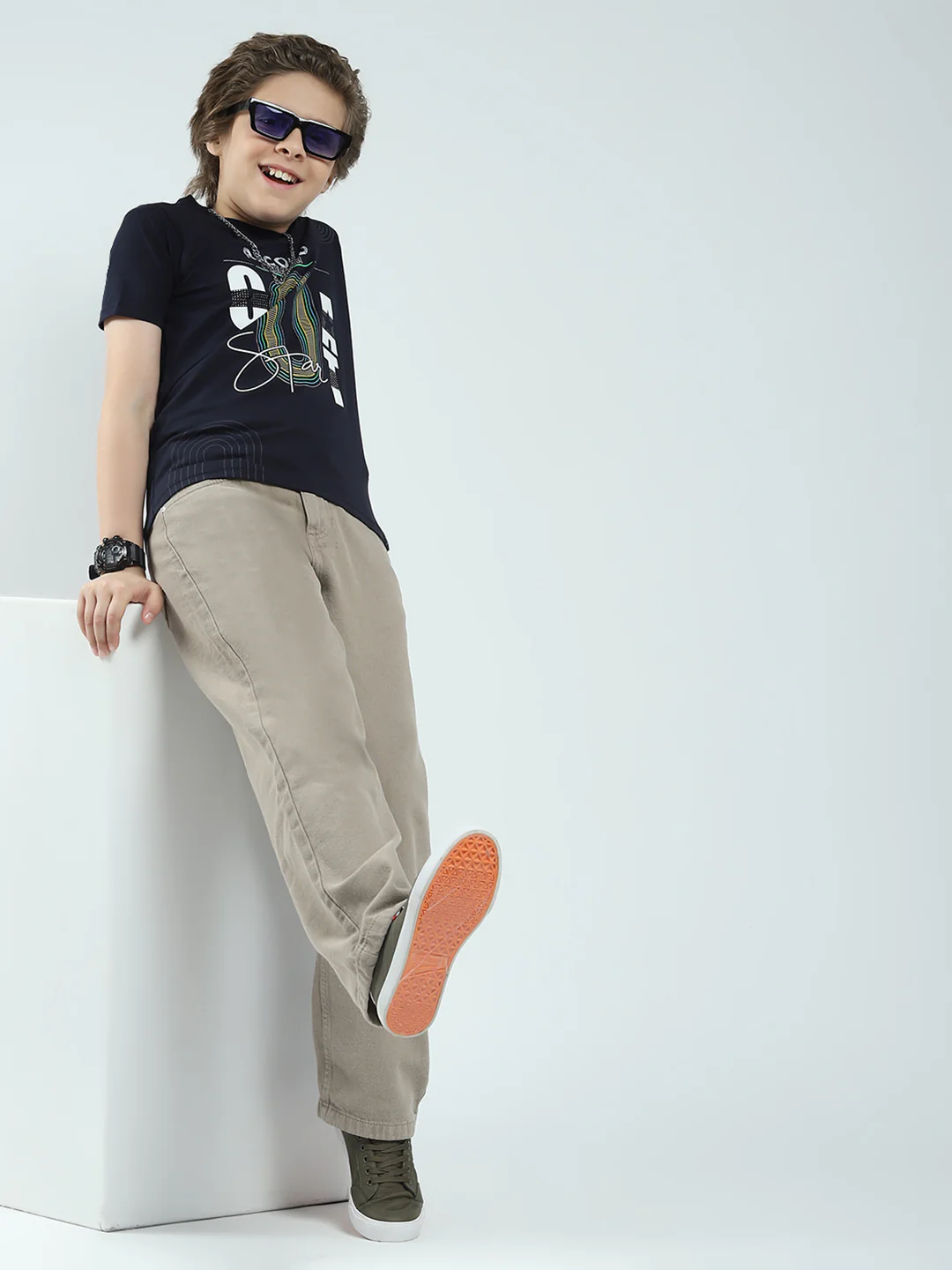 Boys Navy Blue Printed Round Neck Half Sleeve T-Shirt - Image 2