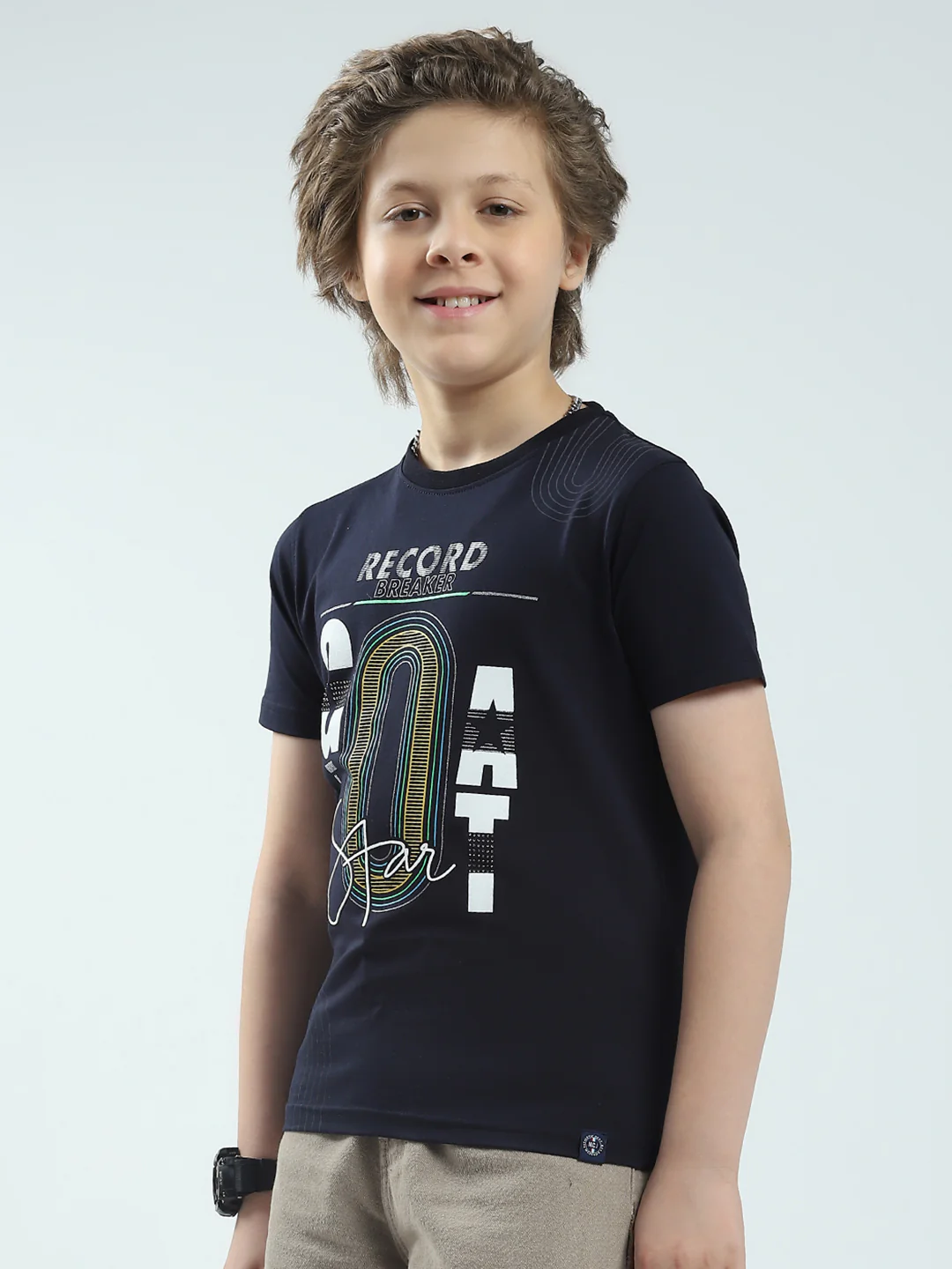 Boys Navy Blue Printed Round Neck Half Sleeve T-Shirt - Image 3