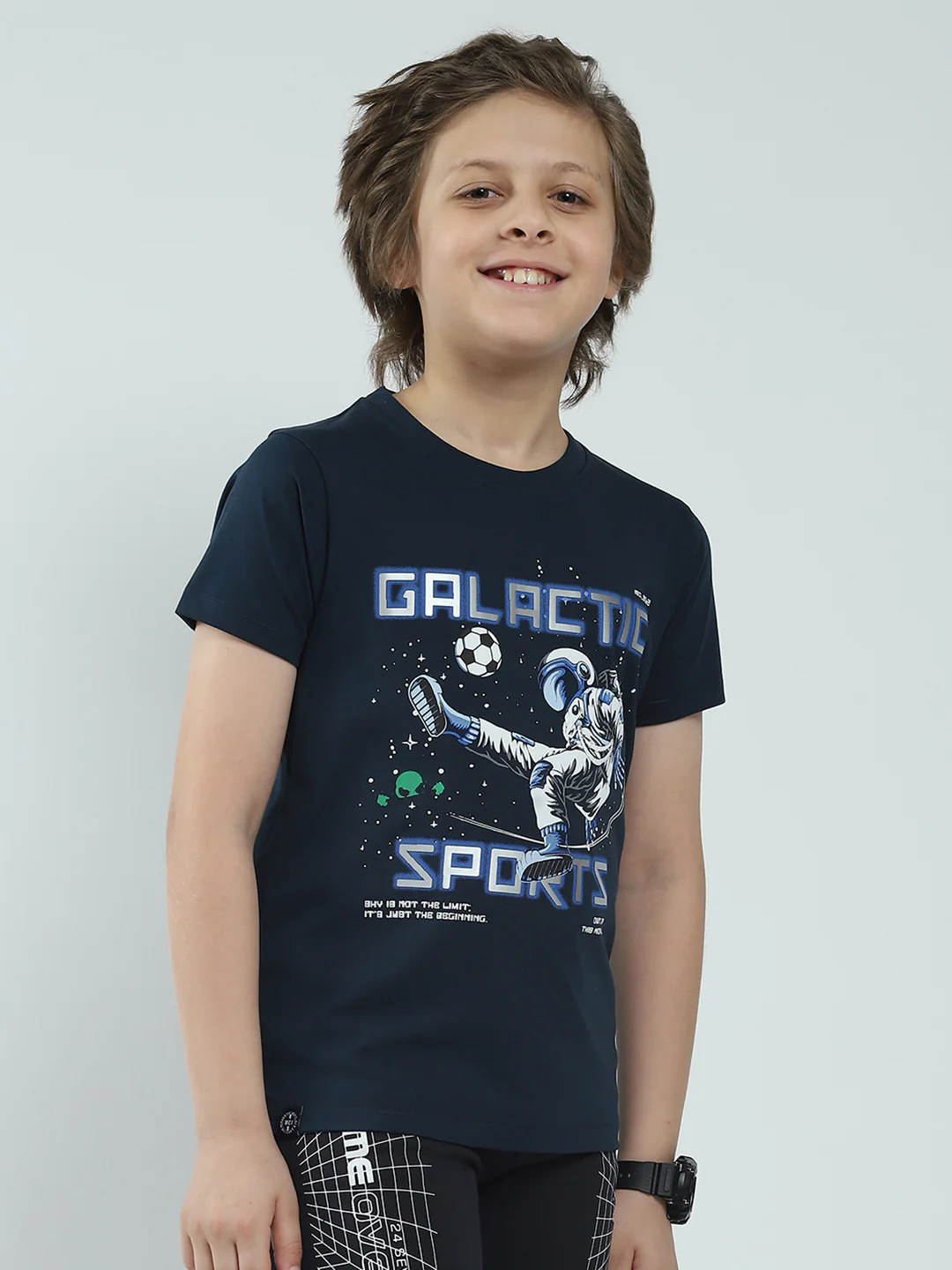 Boys Navy Blue Printed Round Neck Half Sleeve T-Shirt - Image 4