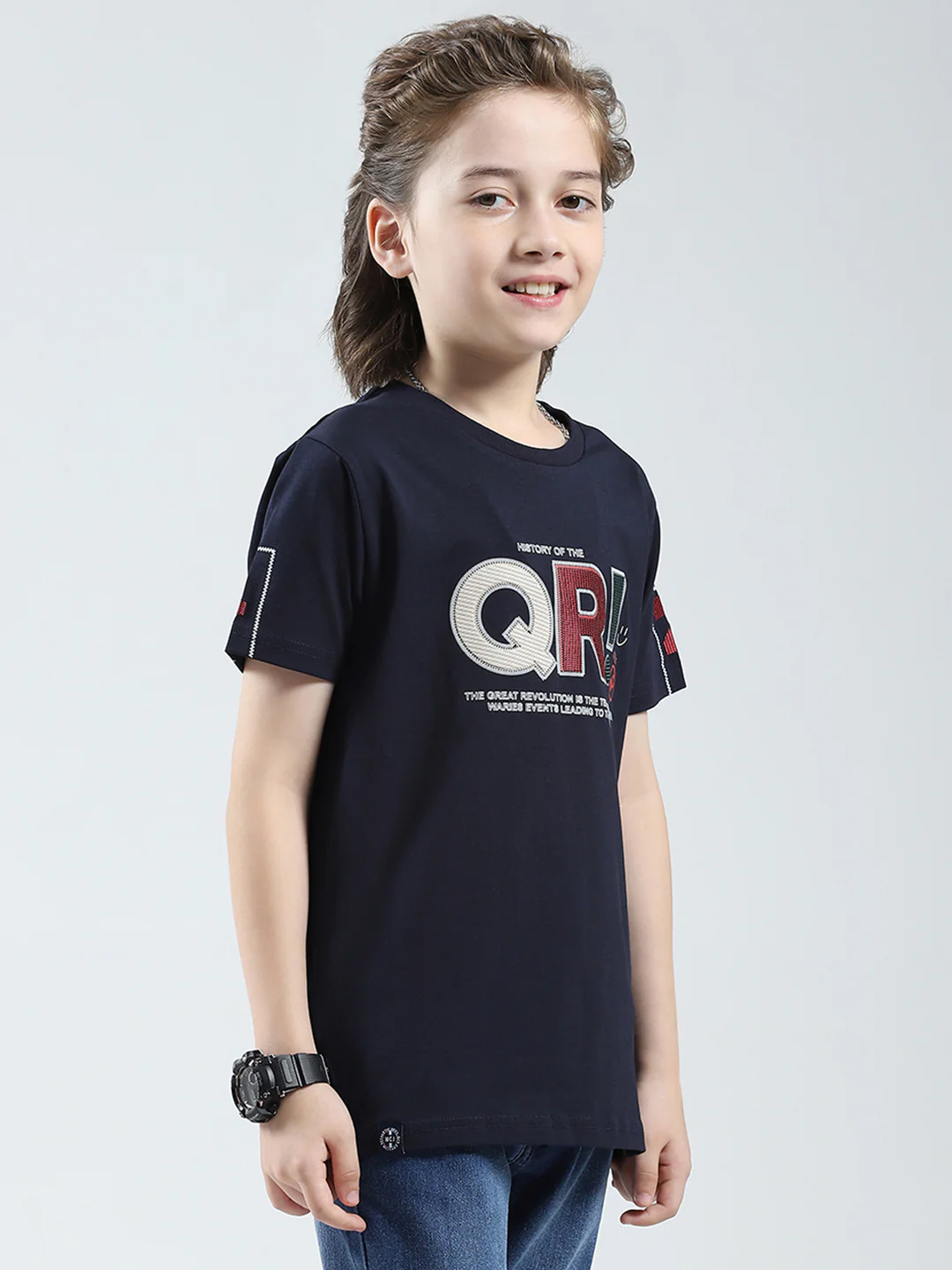 Boys Navy Blue Printed Round Neck Half Sleeve T-Shirt - Image 4