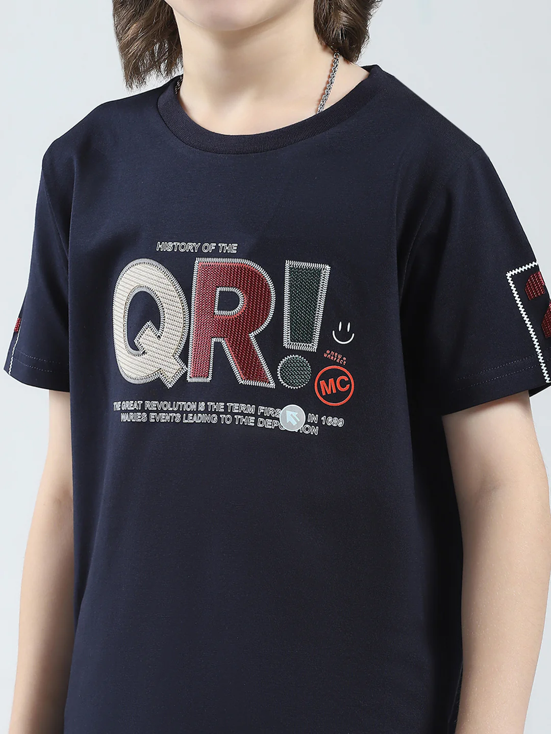 Boys Navy Blue Printed Round Neck Half Sleeve T-Shirt - Image 6