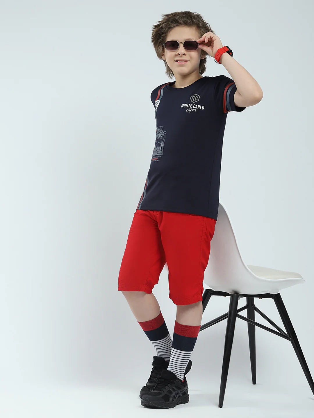 Boys Navy Blue Printed Round Neck Half Sleeve T-Shirt - Image 2
