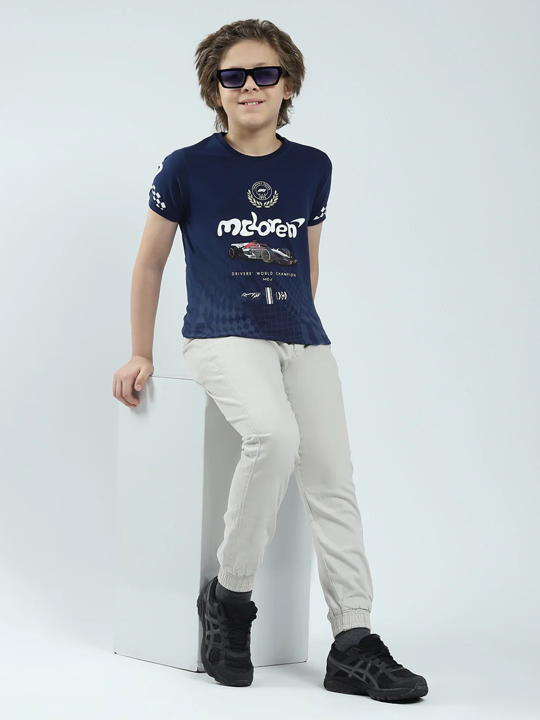 Boys Navy Blue Printed Round Neck Half Sleeve T-Shirt - Image 2