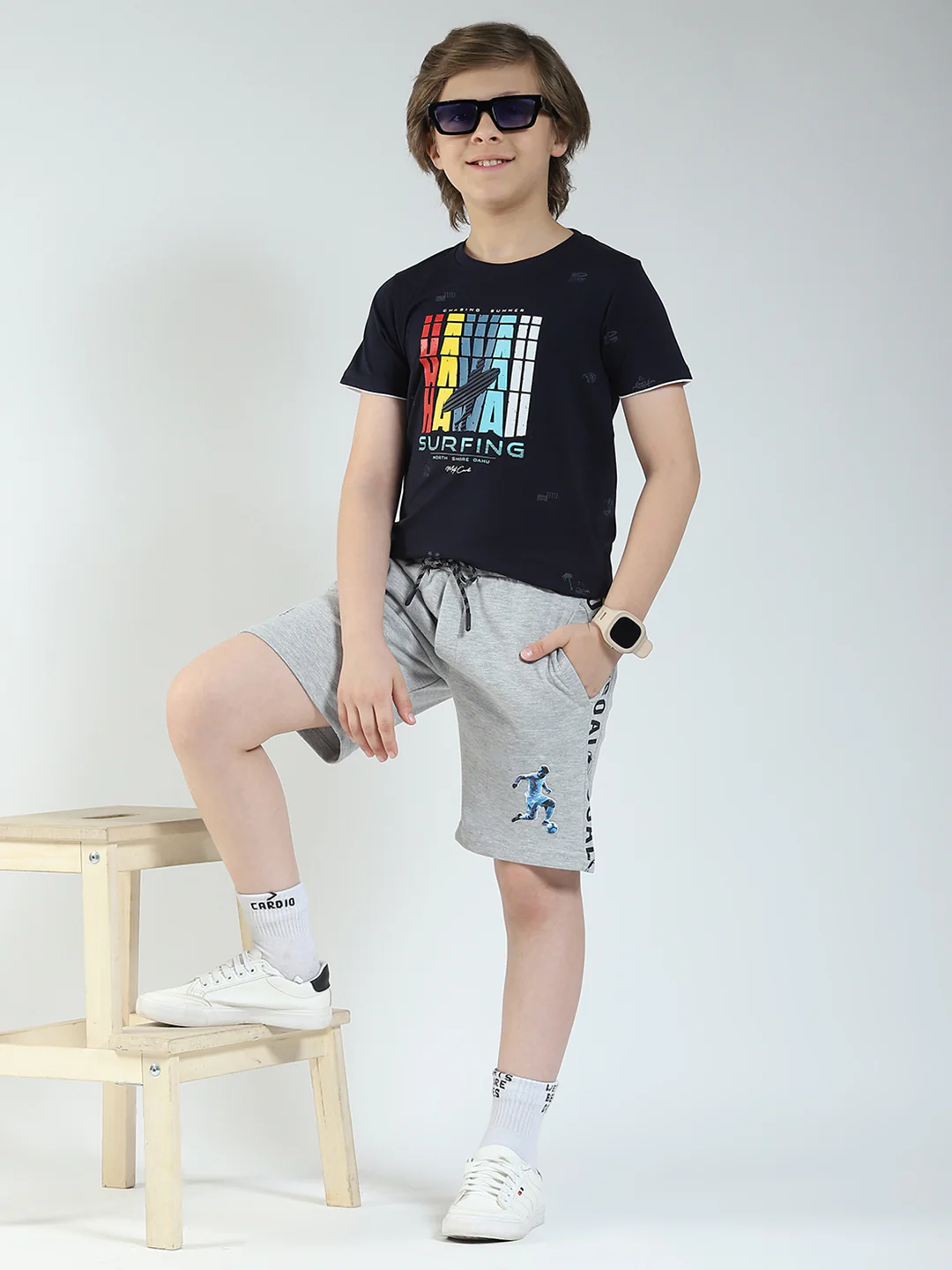 Boys Navy Blue Printed Round Neck Half Sleeve T-Shirt - Image 2