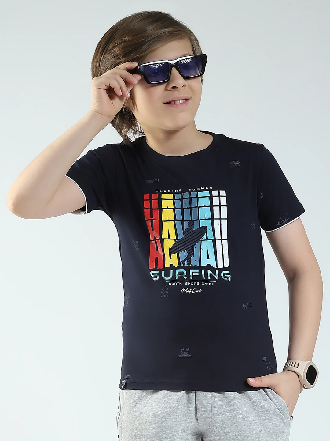 Boys Navy Blue Printed Round Neck Half Sleeve T-Shirt - Image 6
