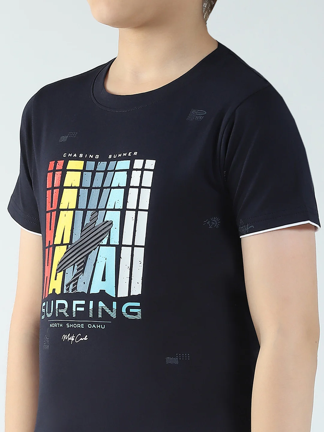Boys Navy Blue Printed Round Neck Half Sleeve T-Shirt - Image 7