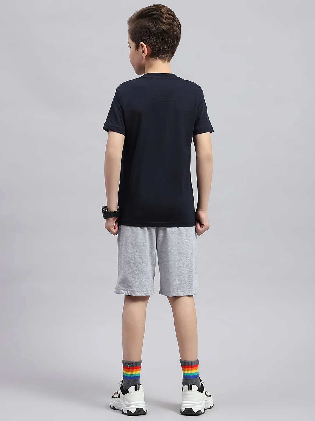 Boys Navy Blue & Grey Printed Round Neck Half Sleeve Bermuda Set - Image 5