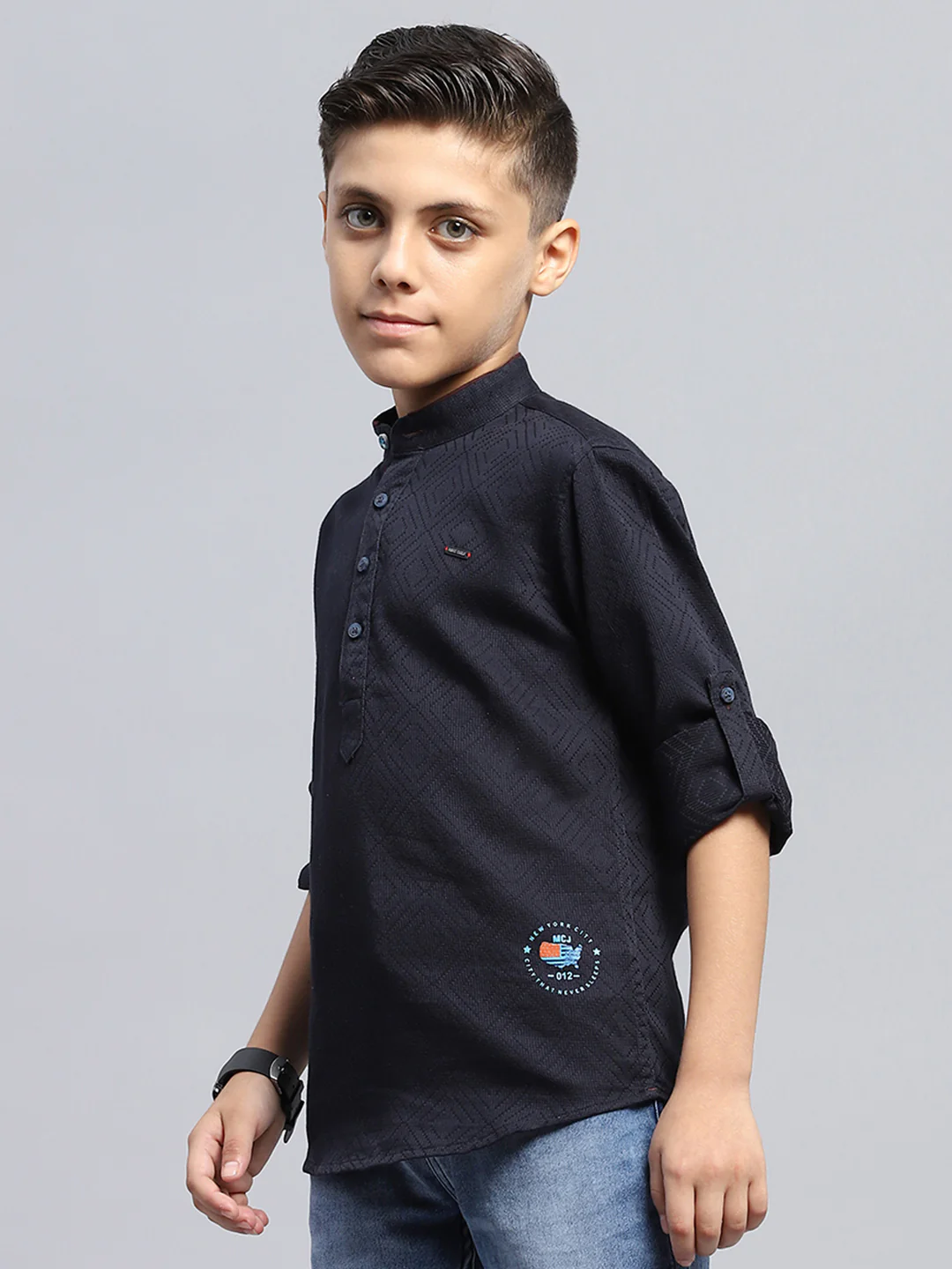 Boys Navy Blue Self Design Band Collar Full Sleeve Shirt - Image 3