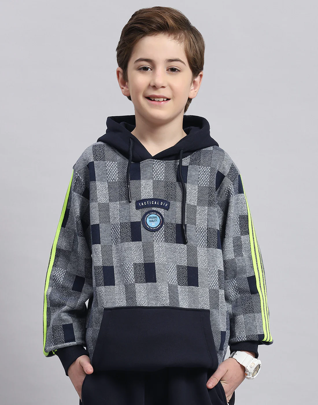 Boys Navy Blue Self Design Hooded Full Sleeve Sweatshirt - Image 2