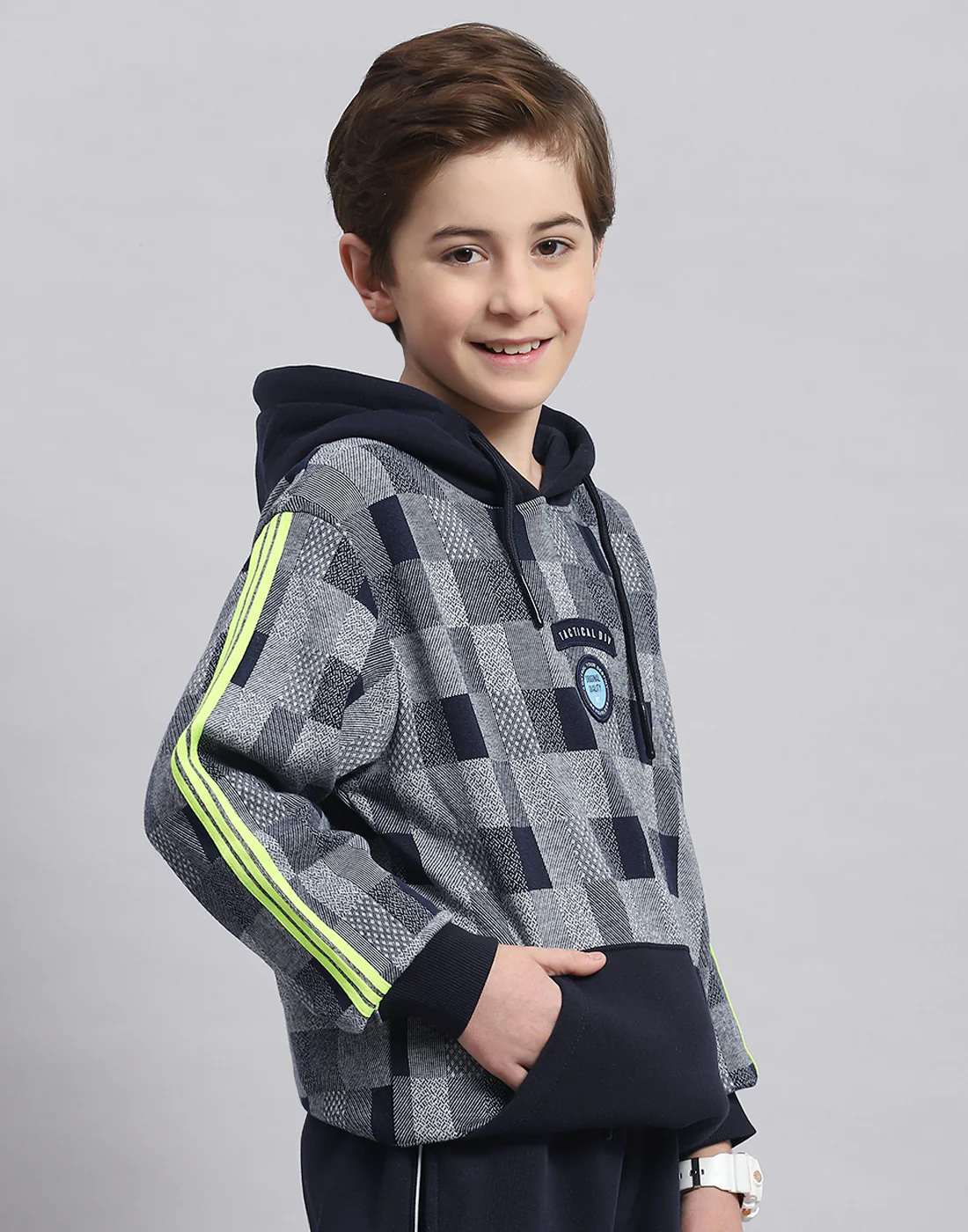 Boys Navy Blue Self Design Hooded Full Sleeve Sweatshirt - Image 4
