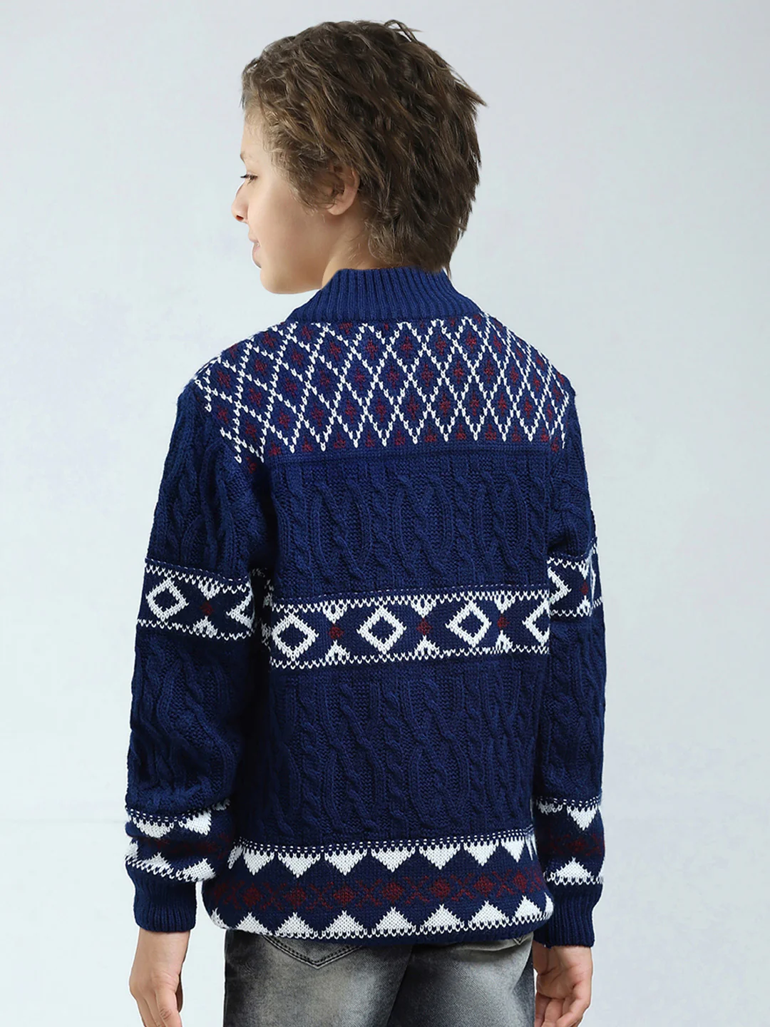 Boys Navy Blue Self Design Mock Neck Full Sleeve Pullover - Image 5