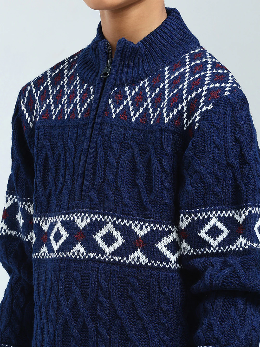 Boys Navy Blue Self Design Mock Neck Full Sleeve Pullover - Image 6