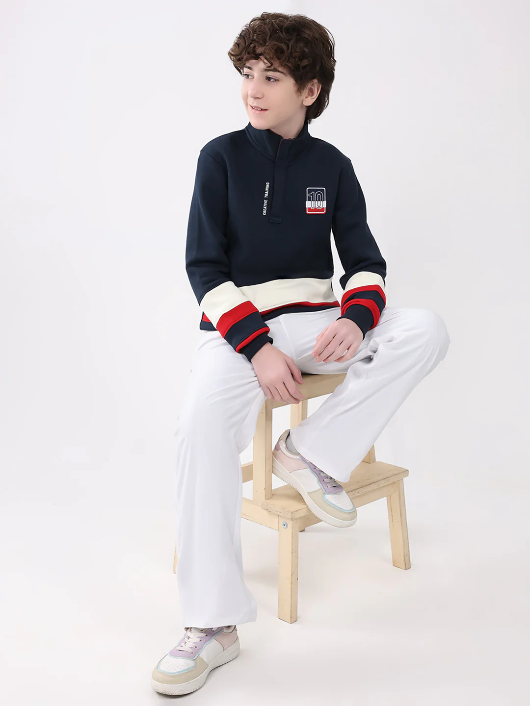 Boys Navy Blue Self Design Mock Neck Full Sleeve Sweatshirt - Image 2