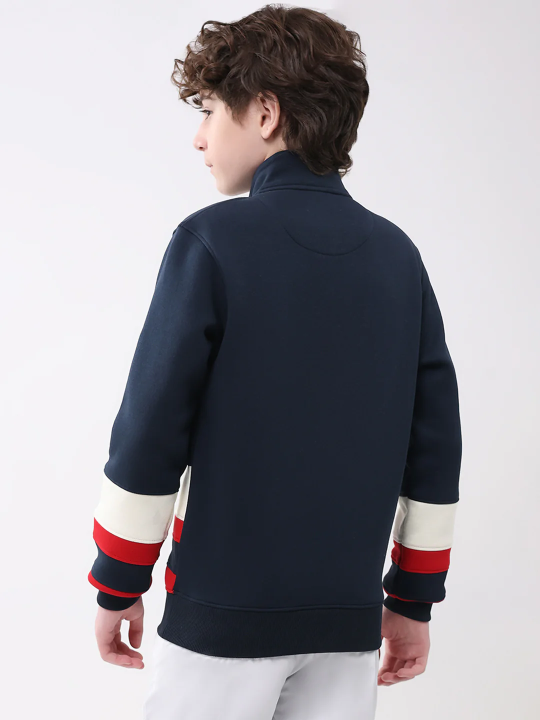 Boys Navy Blue Self Design Mock Neck Full Sleeve Sweatshirt - Image 5