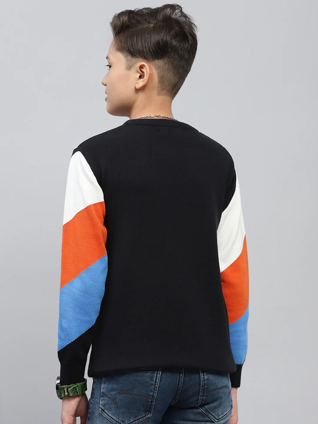 Boys Navy Blue Self Design Round Neck Full Sleeve Pullover - Image 5