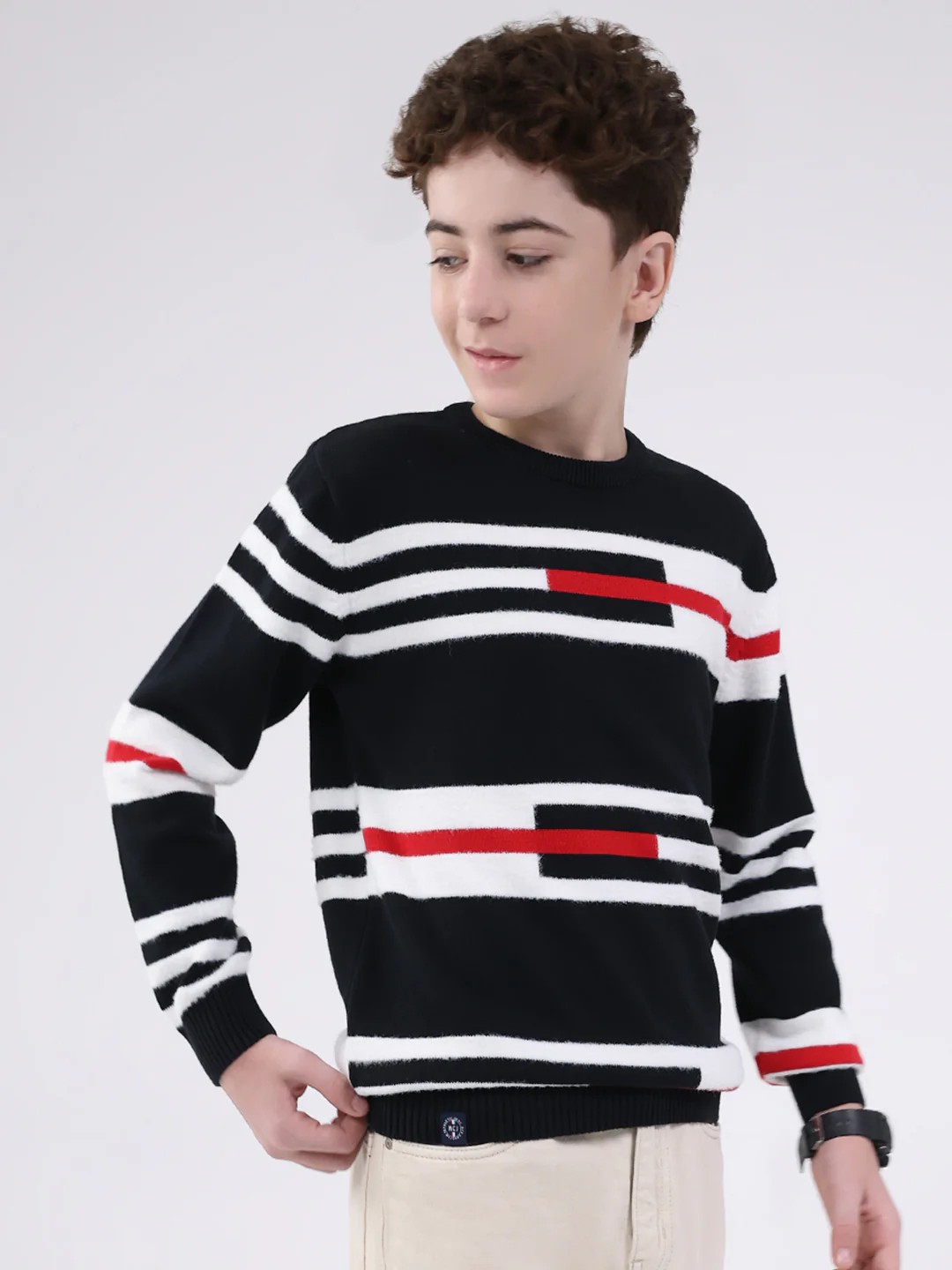 Boys Navy Blue Self Design Round Neck Full Sleeve Pullover - Image 4