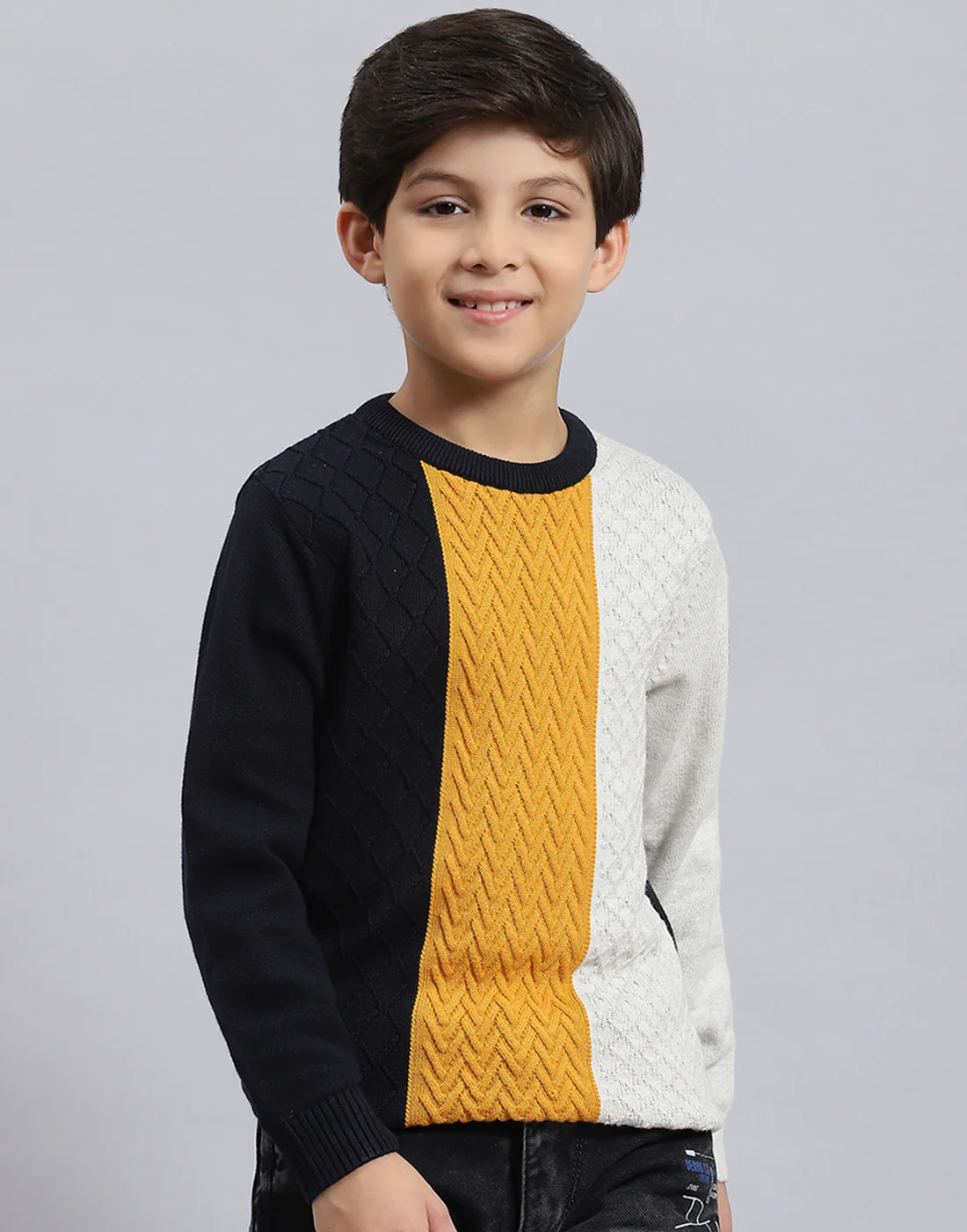 Boys Navy Blue Self Design Round Neck Full Sleeve Sweater - Image 3