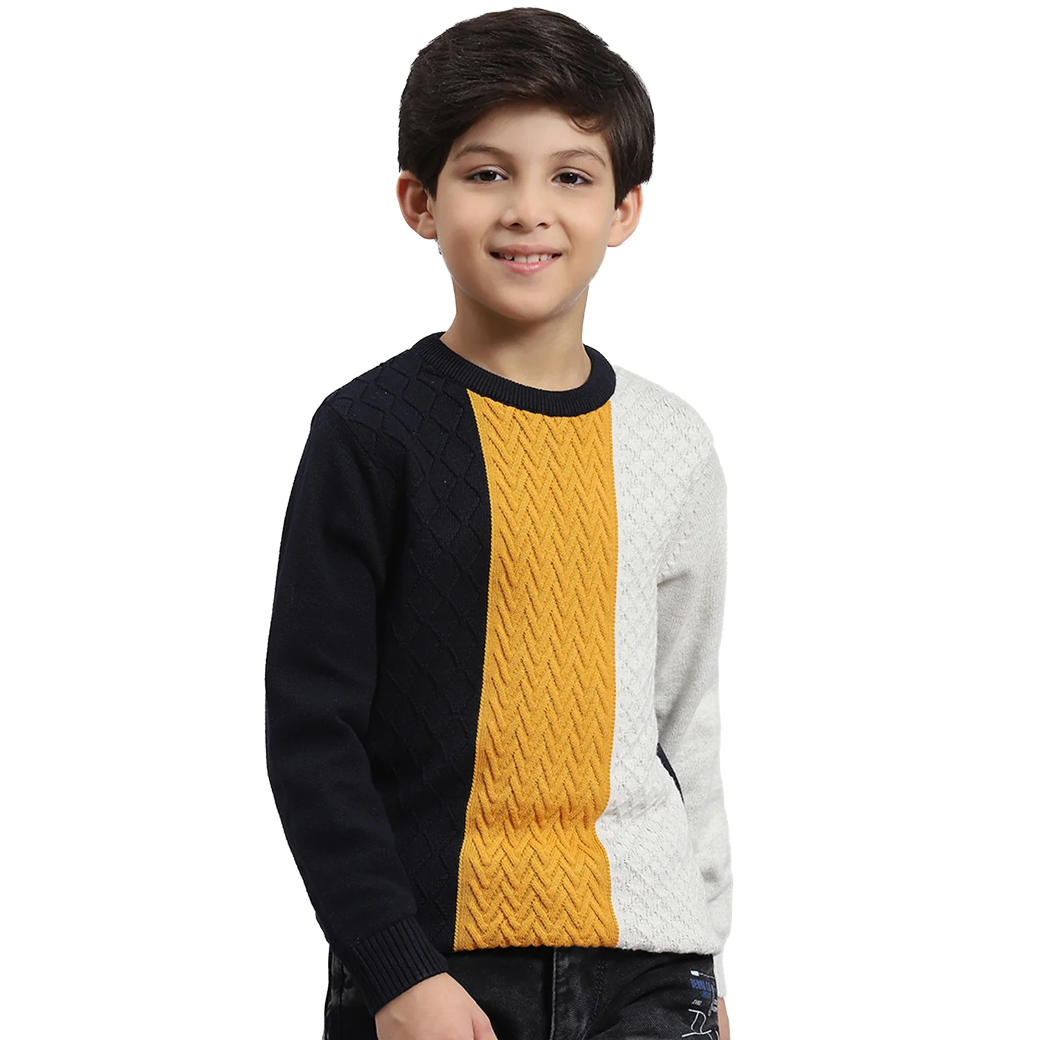 Boys Navy Blue Self Design Round Neck Full Sleeve Sweater - Image 5