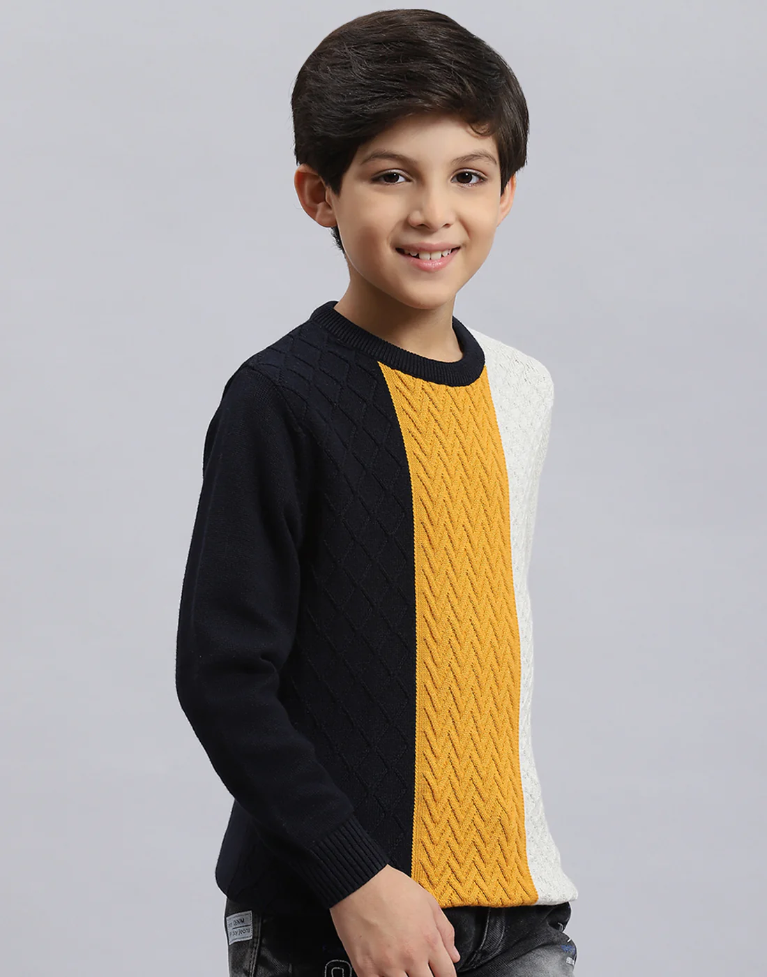 Boys Navy Blue Self Design Round Neck Full Sleeve Sweater - Image 6