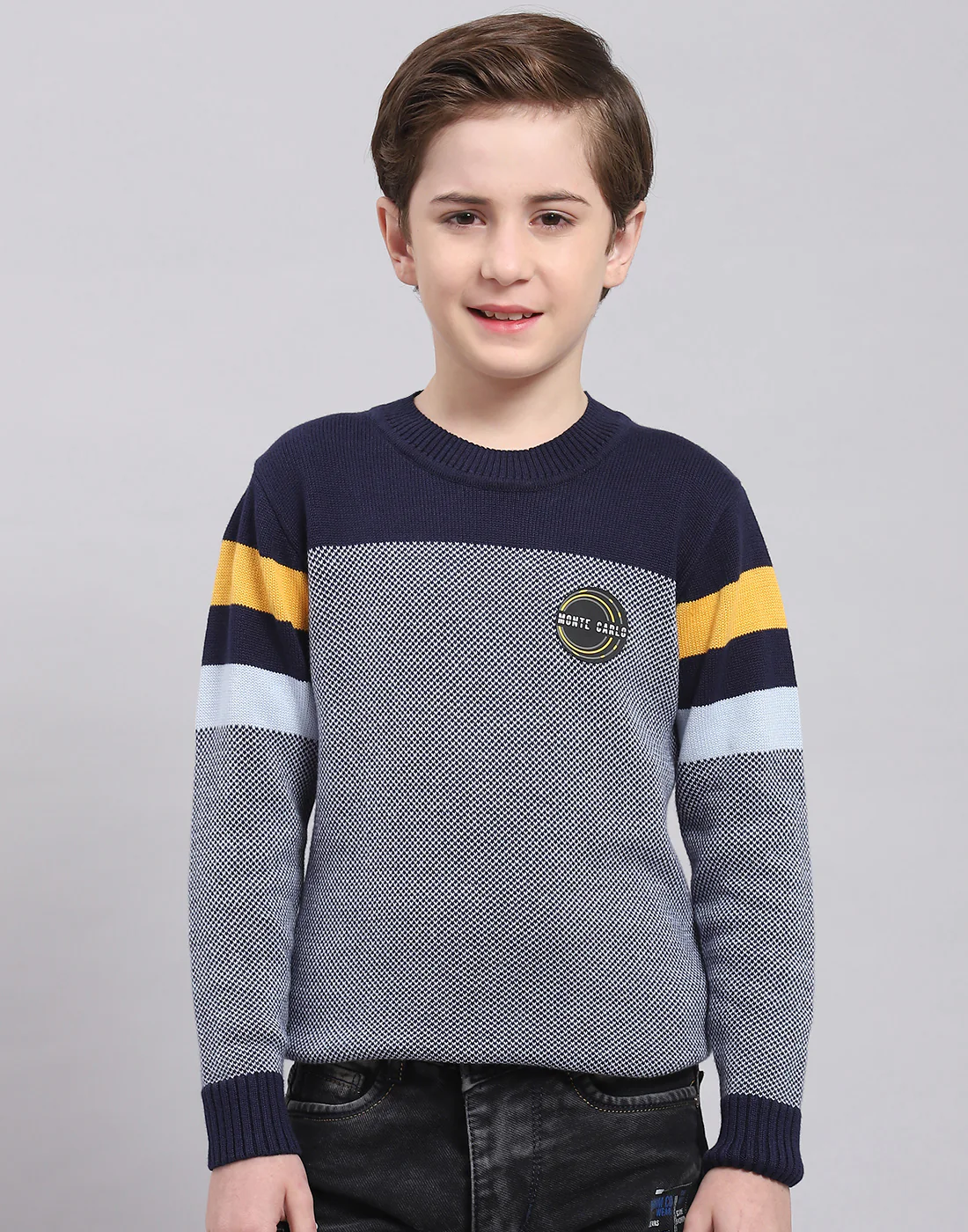 Boys Navy Blue Self Design Round Neck Full Sleeve Sweater - Image 2