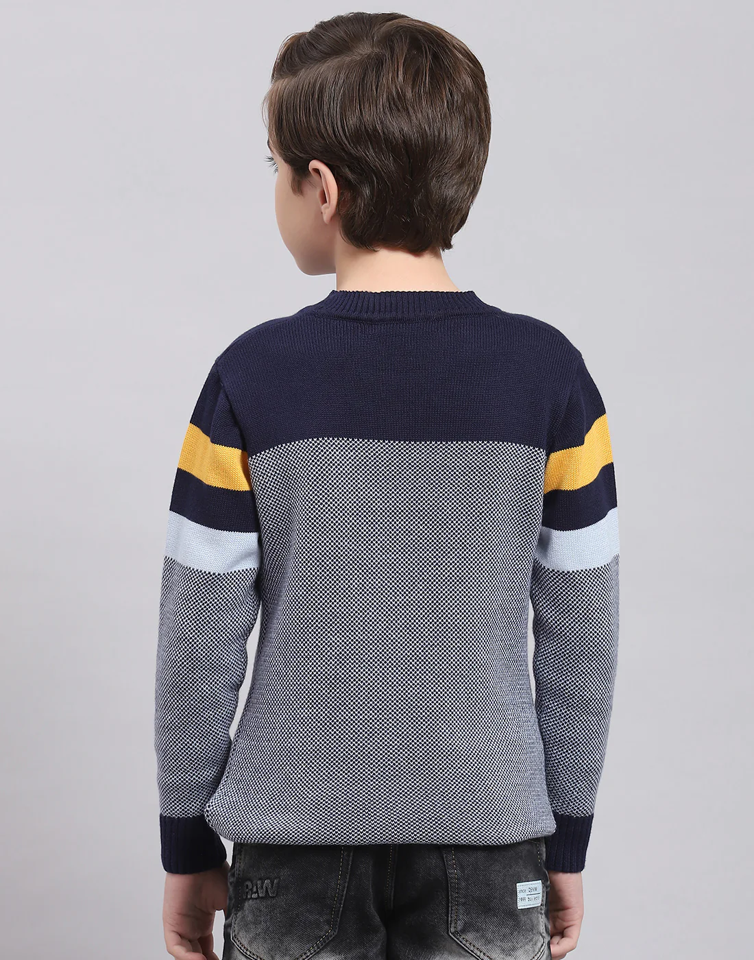 Boys Navy Blue Self Design Round Neck Full Sleeve Sweater - Image 6