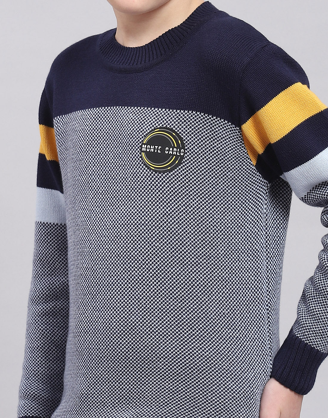 Boys Navy Blue Self Design Round Neck Full Sleeve Sweater - Image 7