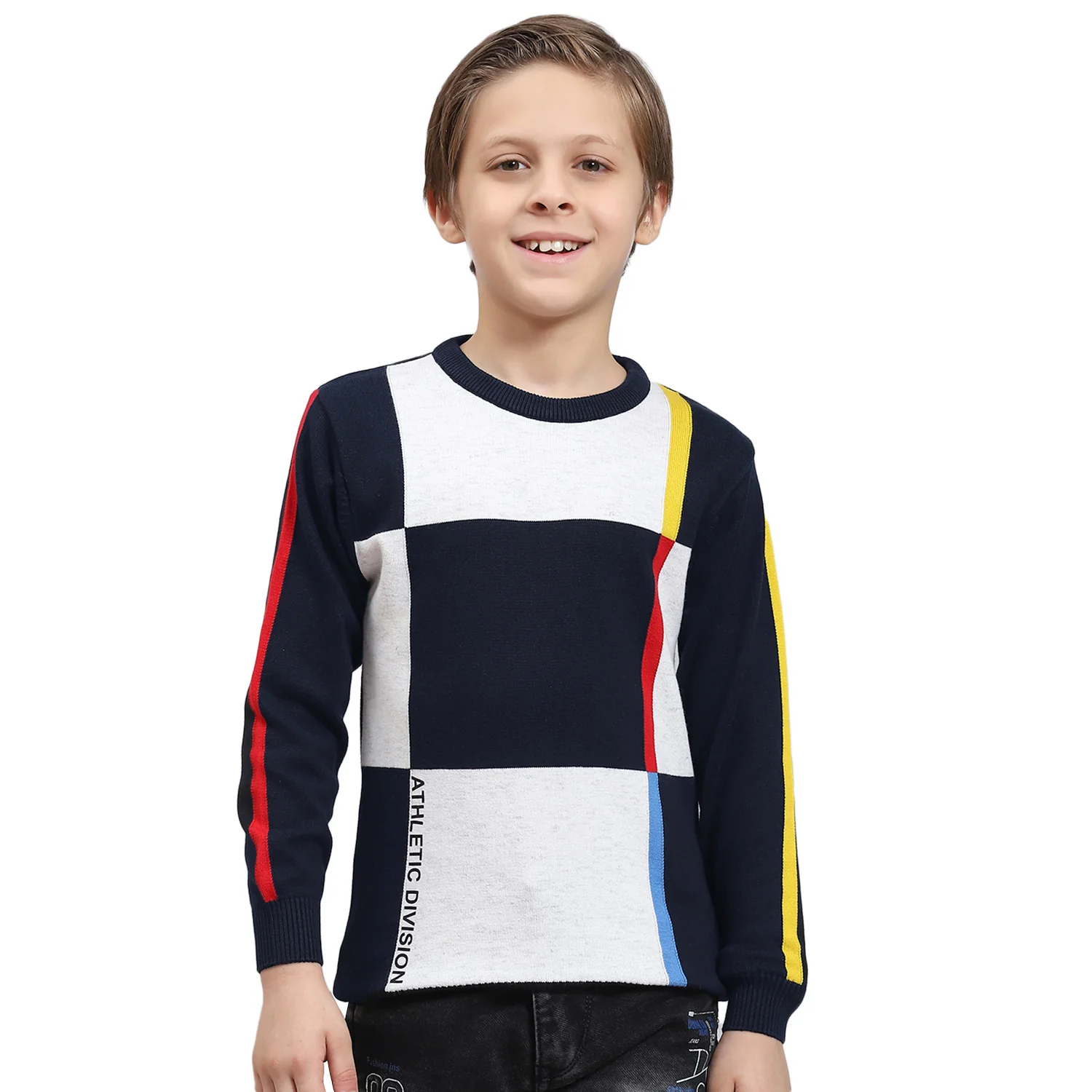 Boys Navy Blue Self Design Round Neck Full Sleeve Sweater - Image 5