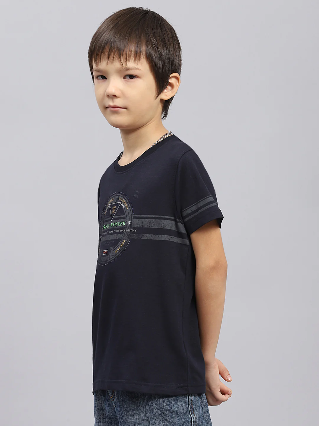 Boys Navy Blue Self Design Round Neck Half Sleeve T-Shirt - Image 3